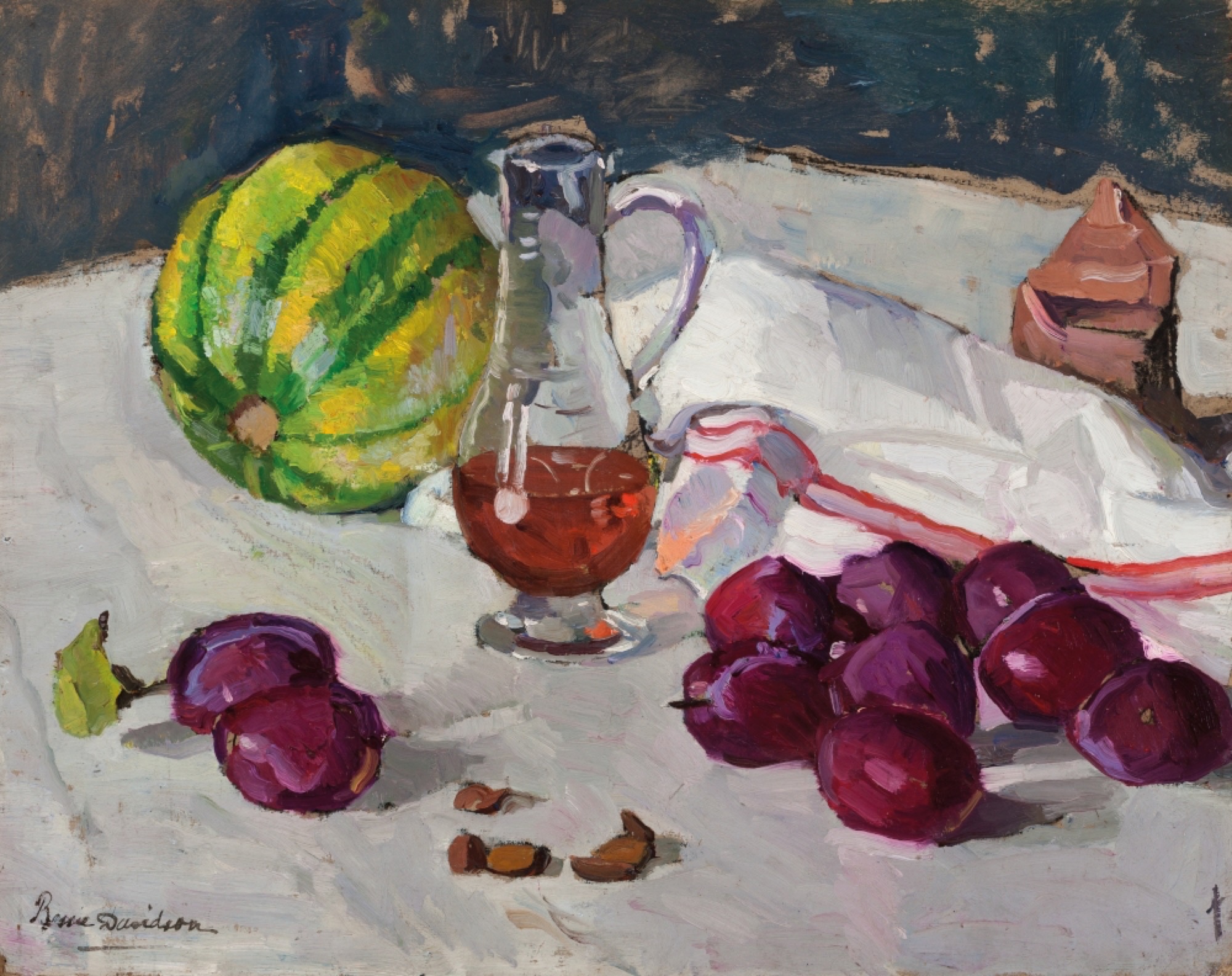 Bessie Davidson, <em>Still life with fruits and a carafe</em>, 1930s, oil on card, 37 x 46 cm, private collection, Queensland.