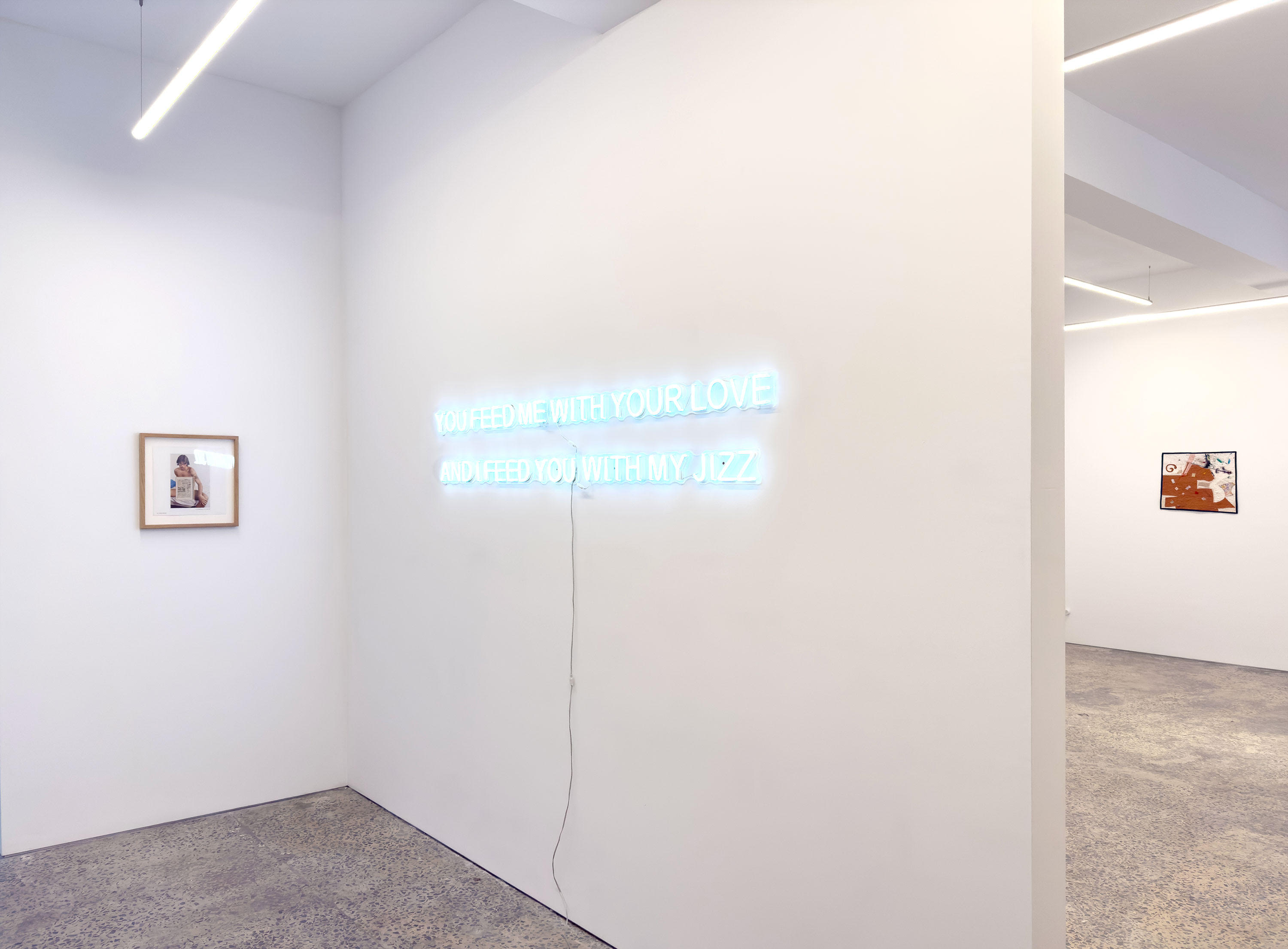 <p><em>Family Values</em>, group show, FUTURES, 2025. Left: Stuart Ringholt, <em>Nudes,</em> 2013. Centre: Chunxiao Qu, <em>YOU FEED ME WITH YOUR LOVE AND I FEED YOU WITH YOUR JIZZ</em>, 2019; right: Merryn Lloyd, <em>Soft Painting</em>, 2025.&nbsp;Photo courtesy of the artists and FUTURES, Melbourne.</p>