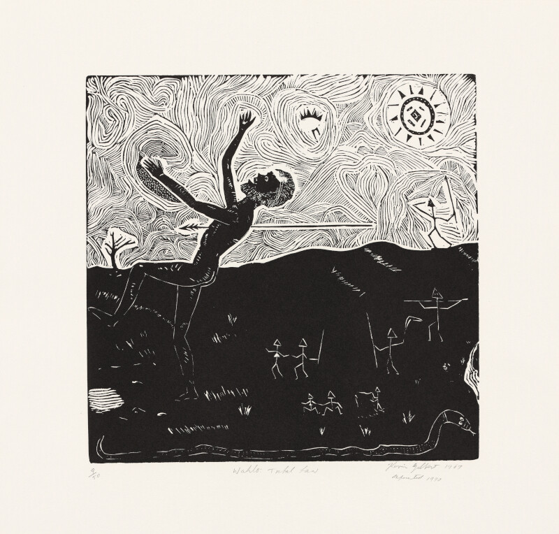 <p>Kevin Gilbert, <em>Wahlo: Total Law</em>, 1967/1990, linocut, ed. 9/50, 35.3 x 35.4 cm. National Gallery of Australia, Kamberri/Canberra, Gordon Darling Print Fund 1990.</p>