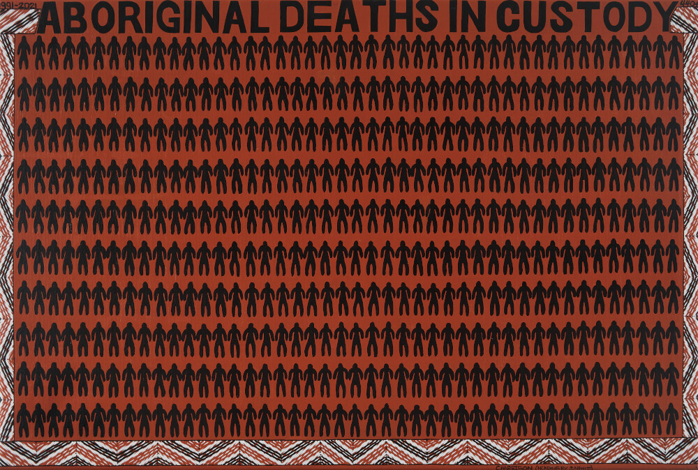 <p>C. Harrison, <em>Deaths in Custody</em>, 2021, acrylic on canvas, 59 x 87 cm. Private collection New South Wales, Courtesy of the artist and The Torch. Photo: Mick Bell</p>