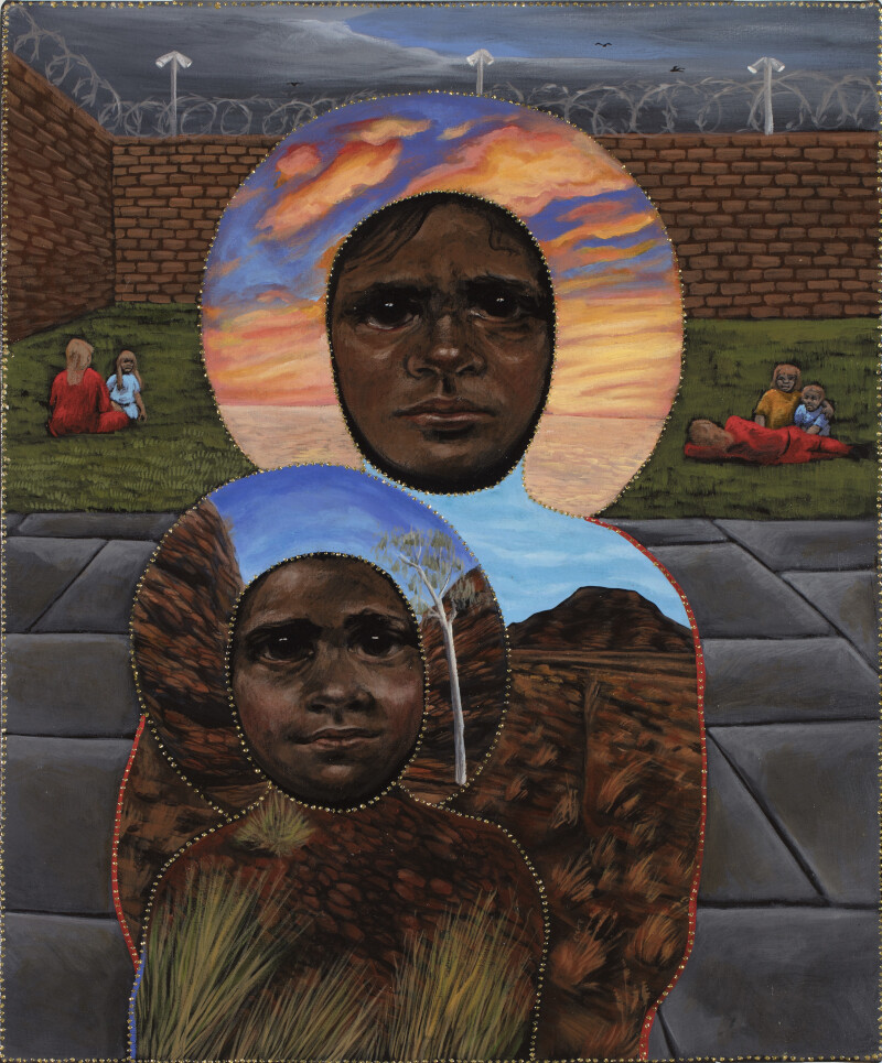 <p>Julie Dowling, <em>The Visit</em>, 2002, synthetic polymer paint, red ochre, glitter and metallic paint on canvas, 59.8 x 50 cm. the State Art Collection, Art Gallery</p>