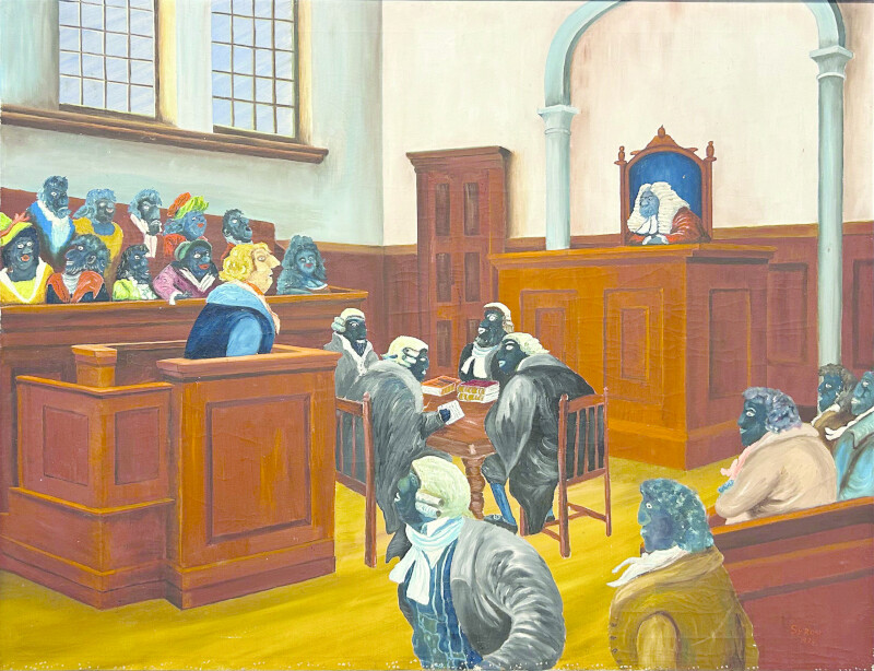 <p>Gordon Syron, <em>Judgement by His Peers</em>, 1978, oil on canvas, 102 x 152 cm. Courtesy of the artist and Newstead Art, Dharawal Country/Sydney.</p>