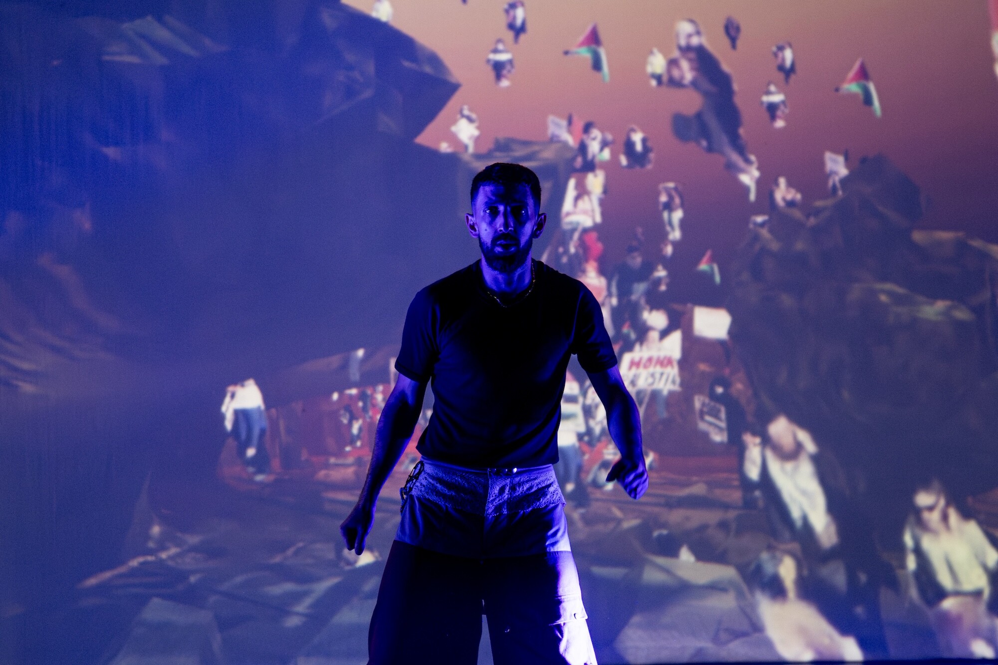 <p>Feras Shaheen and Jonny Scholes, <em>Blocked Duwar. </em>Mixed media performance, Campbelltown Arts Centre, 2025. Photo Credit: Johnny Chaing.</p>