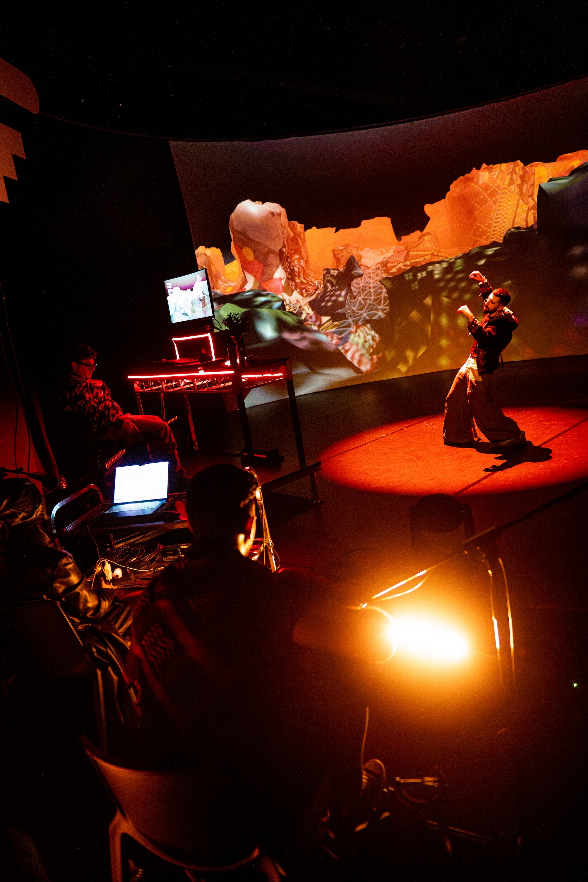 <p>Feras Shaheen and Jonny Scholes, <em>Blocked Duwar. </em>Mixed media performance, Campbelltown Arts Centre, 2025. Photo Credit: Johnny Chaing.</p>