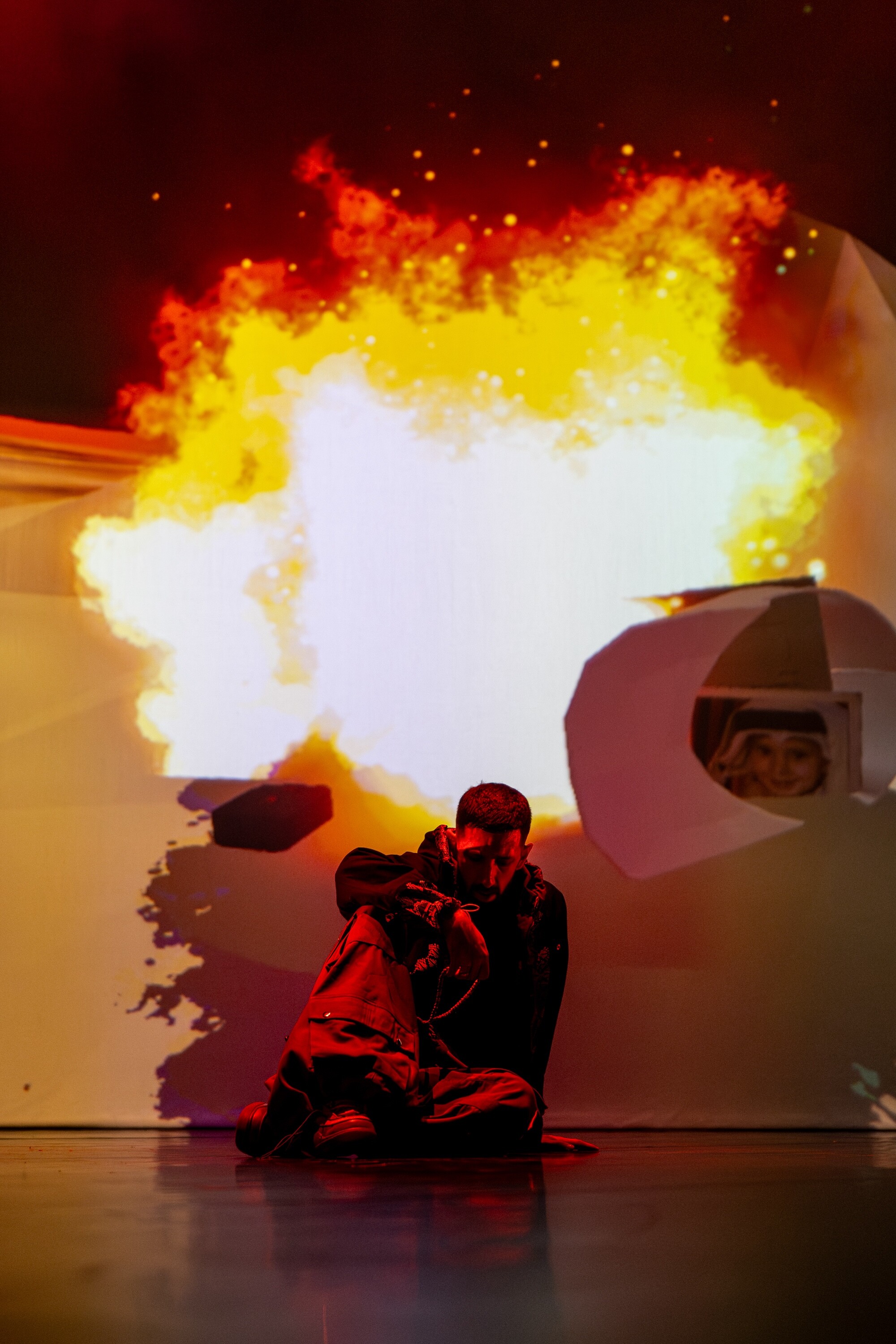 <p>Feras Shaheen and Jonny Scholes, <em>Blocked Duwar. </em>Mixed media performance, Campbelltown Arts Centre, 2025. Photo Credit: Johnny Chaing.</p>