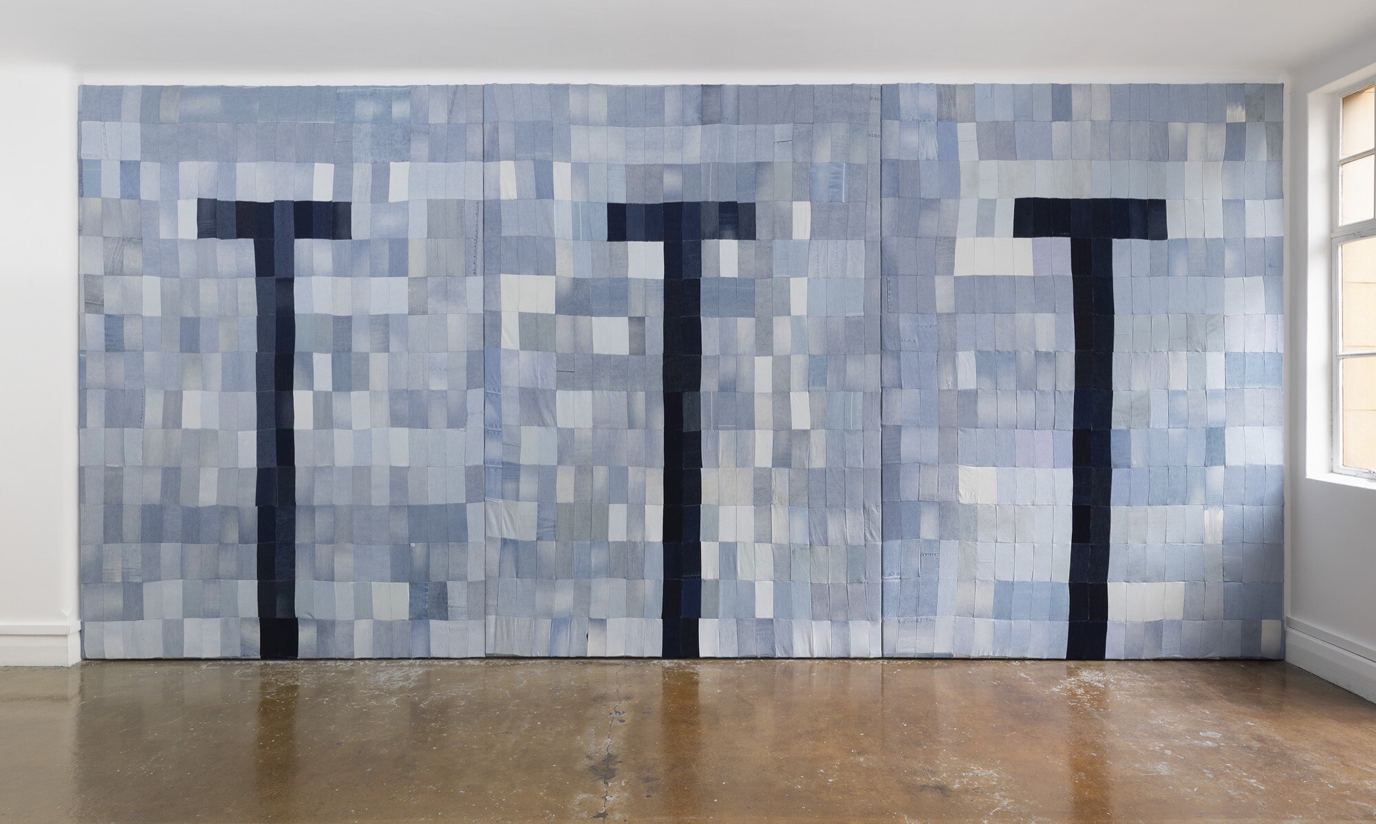 <p>Jane O’Neill, <em>Seam by Seam I, II, III,</em> 2024–2025, polyester and cotton on denim, hoop pine stretchers, each panel 220 x 315cm. Photo Christian Capurro</p>