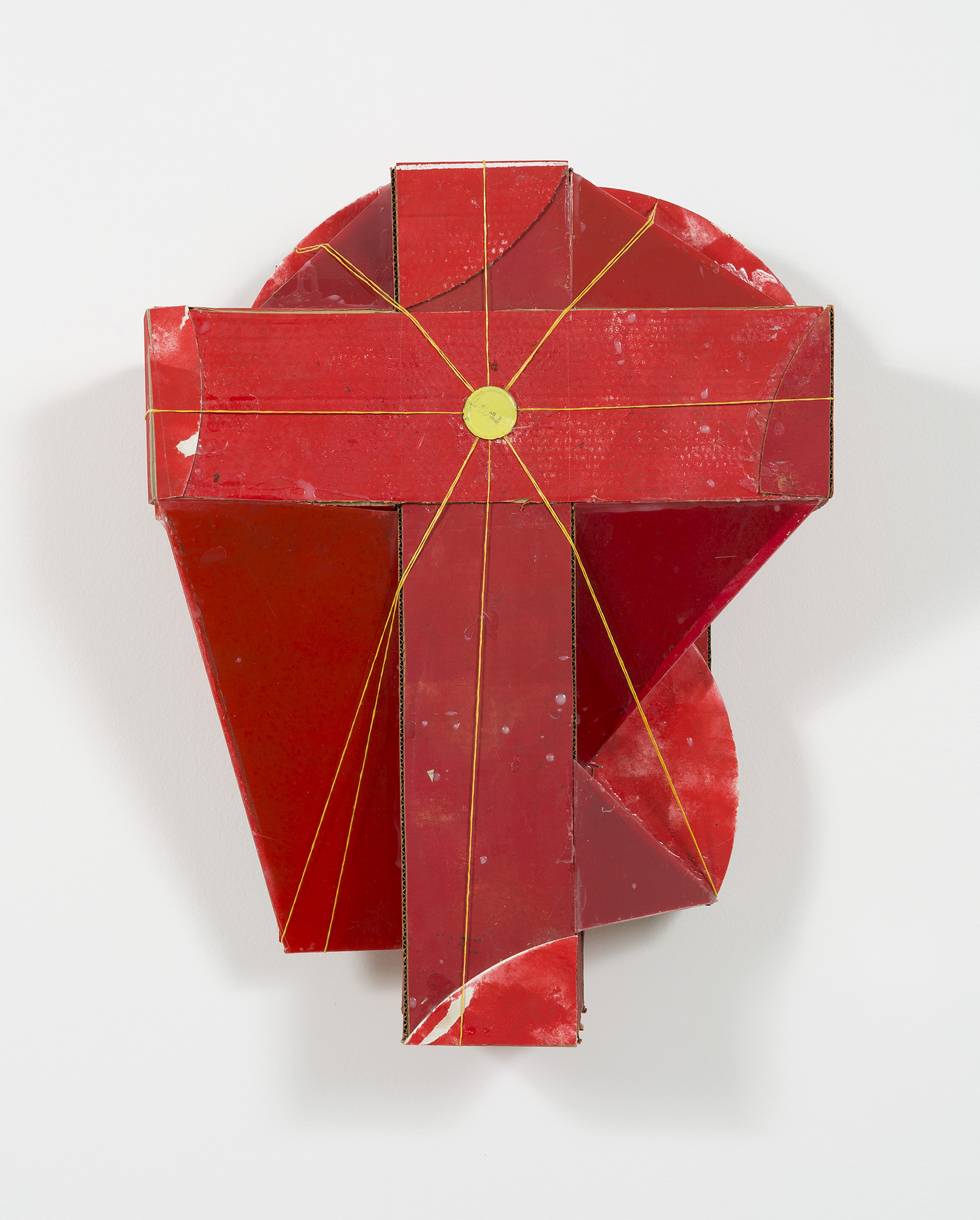 Rose Nolan, <em>A Red Constructed Work</em> 1992-93, synthetic polymer paint, oil paint, cardboard, perspex, tin lid and nylon cord, 84 x 63 x 32 cm, Heide Museum of Modern Art, Gift of Rose Nolan 2014
