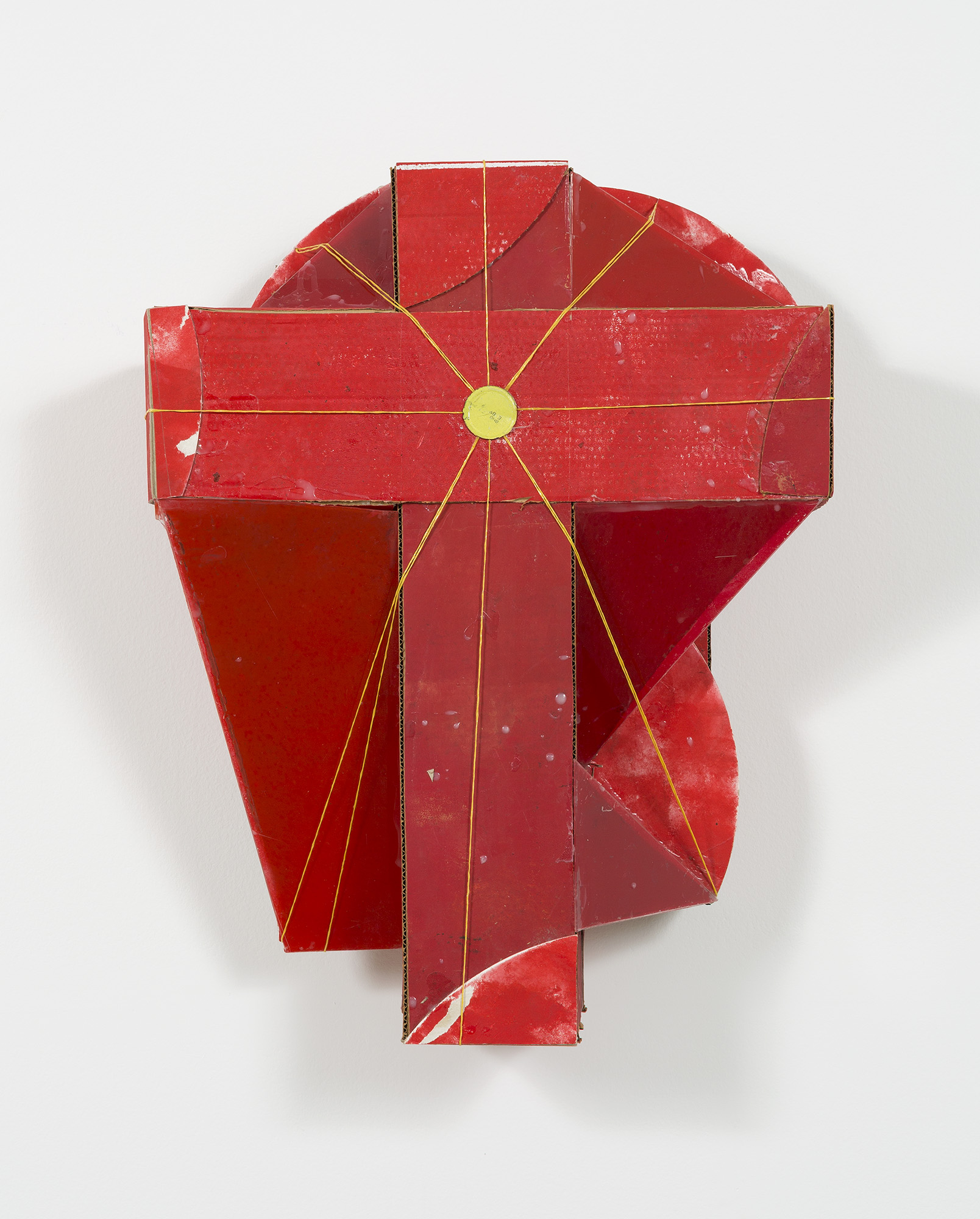 Rose Nolan, <em>A Red Constructed Work</em>  1992-93, synthetic polymer paint, oil paint, cardboard, perspex, tin lid and nylon cord, 84 x 63 x 32 cm, Heide Museum of Modern Art, Gift of Rose Nolan 2014