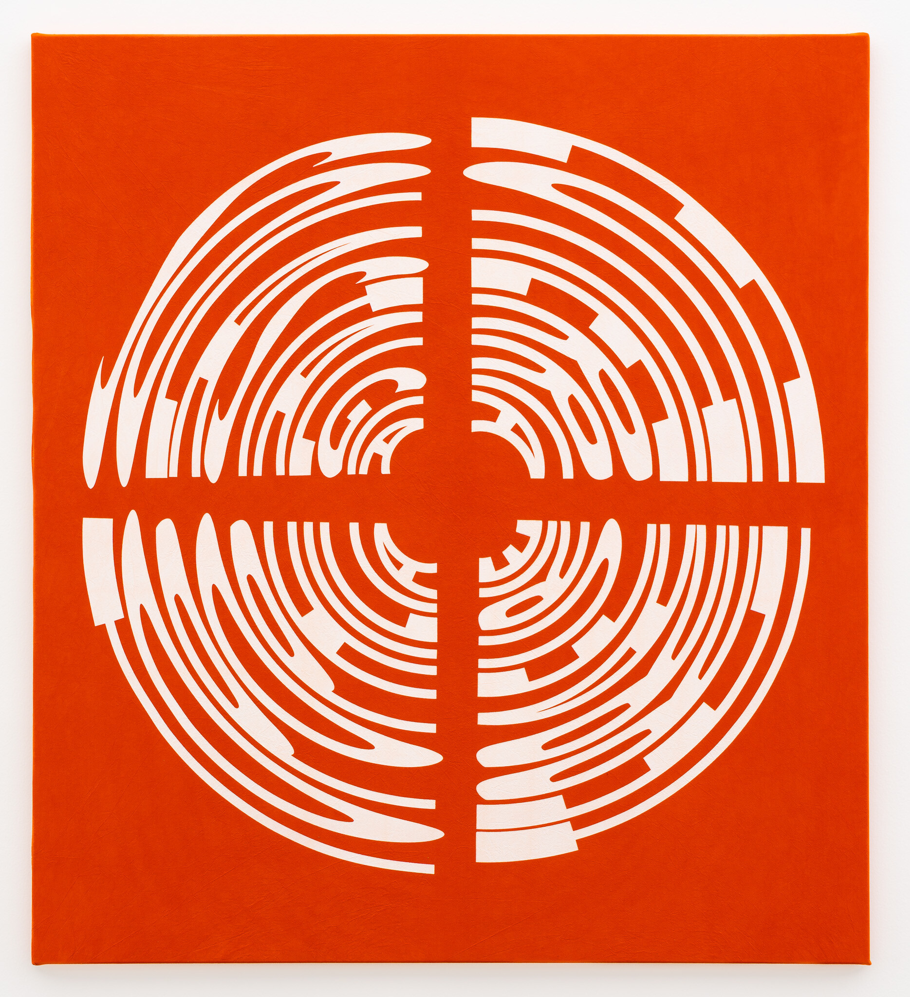 <p>Janet Burchill, <em>Orange Tilt,</em> 2025, Fibre reactive dye, screen print and calico on canvas, 153 x 138 cm. Image courtesy of Neon Parc</p>
