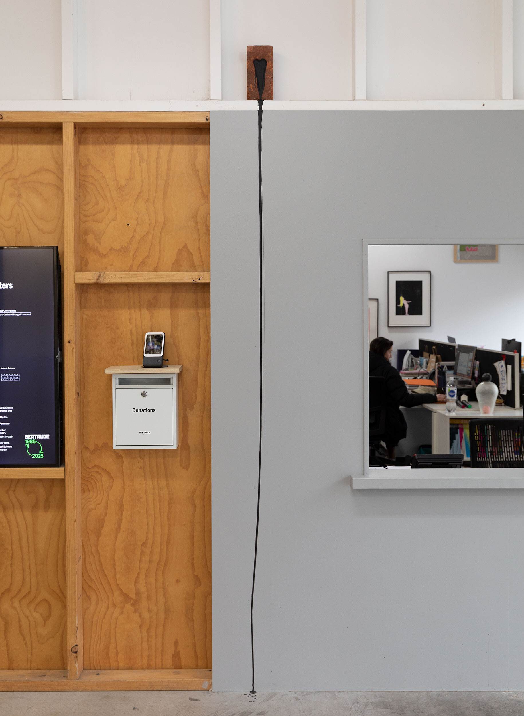<p>Daisy Collier, <em>Bleeding Heart, </em>2024, installation view, <em>Bureaucracy of Feelings</em>, Gertrude Contemporary, Naarm Melbourne, red brick, black tradex paint, pain, image courtesy and © the artist, photograph: Christian Capurro.</p>