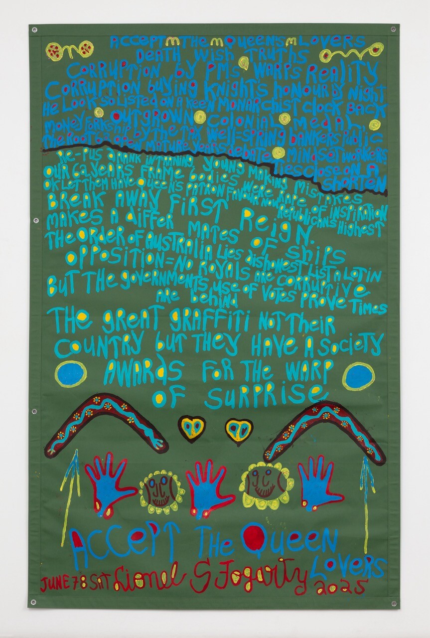 <p>Lionel Fogarty, <em>Accept the Queen’s Lovers</em>, 2025. Acrylic on tarpaulin, 236 x 150.5cm. Photo: Simon Hewson</p>
