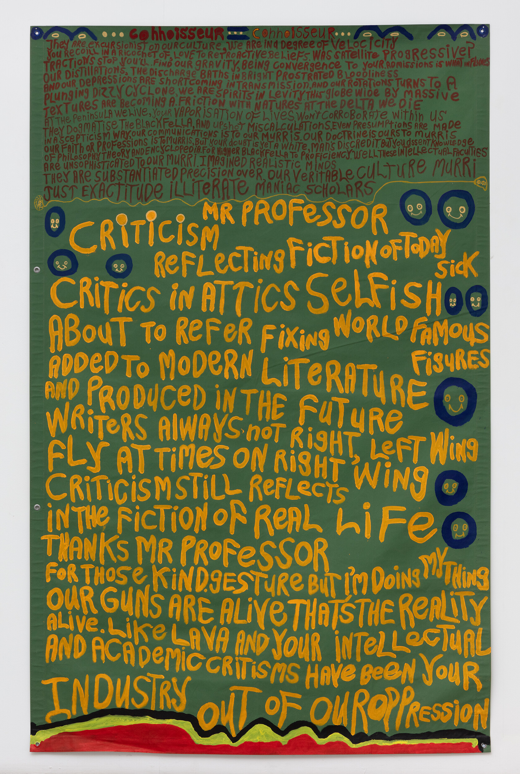 <p>Lionel Fogarty, <em>Connoisseur</em> 2023. Acrylic on tarpaulin, 239 x 151cm. Photo: Simon Hewson</p>