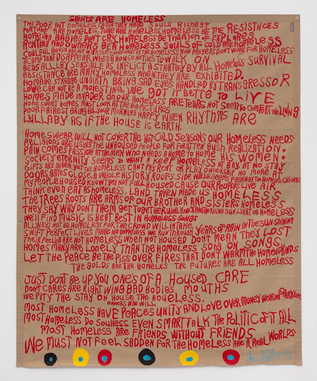 <p>Lionel Fogarty, <em>Saints are Homeless</em>, 2023. Acrylic on tarpaulin, 257.5 x 208cm. Photo: Simon Hewson</p>