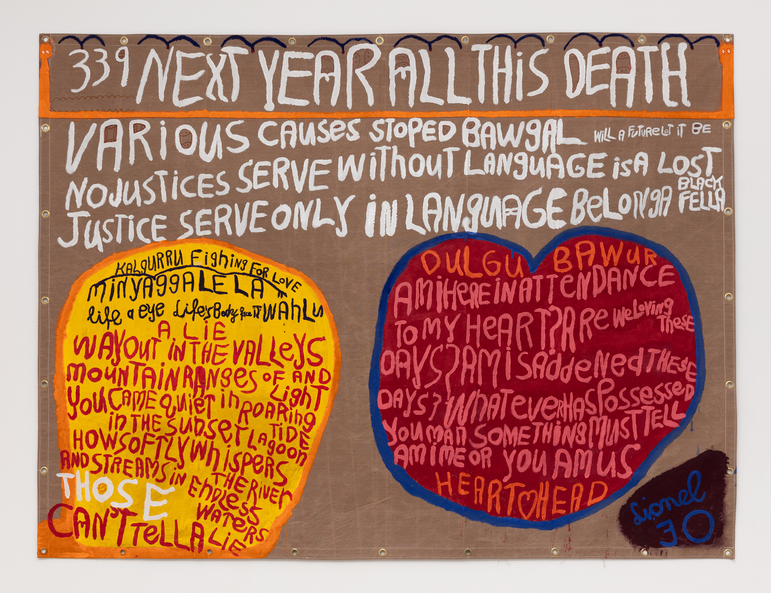 <p>Lionel Fogarty, <em>339 Next Year All These Deaths</em>, 2023. Acrylic on tarpaulin, 185 x 244cm. Photo: Simon Hewson</p>
