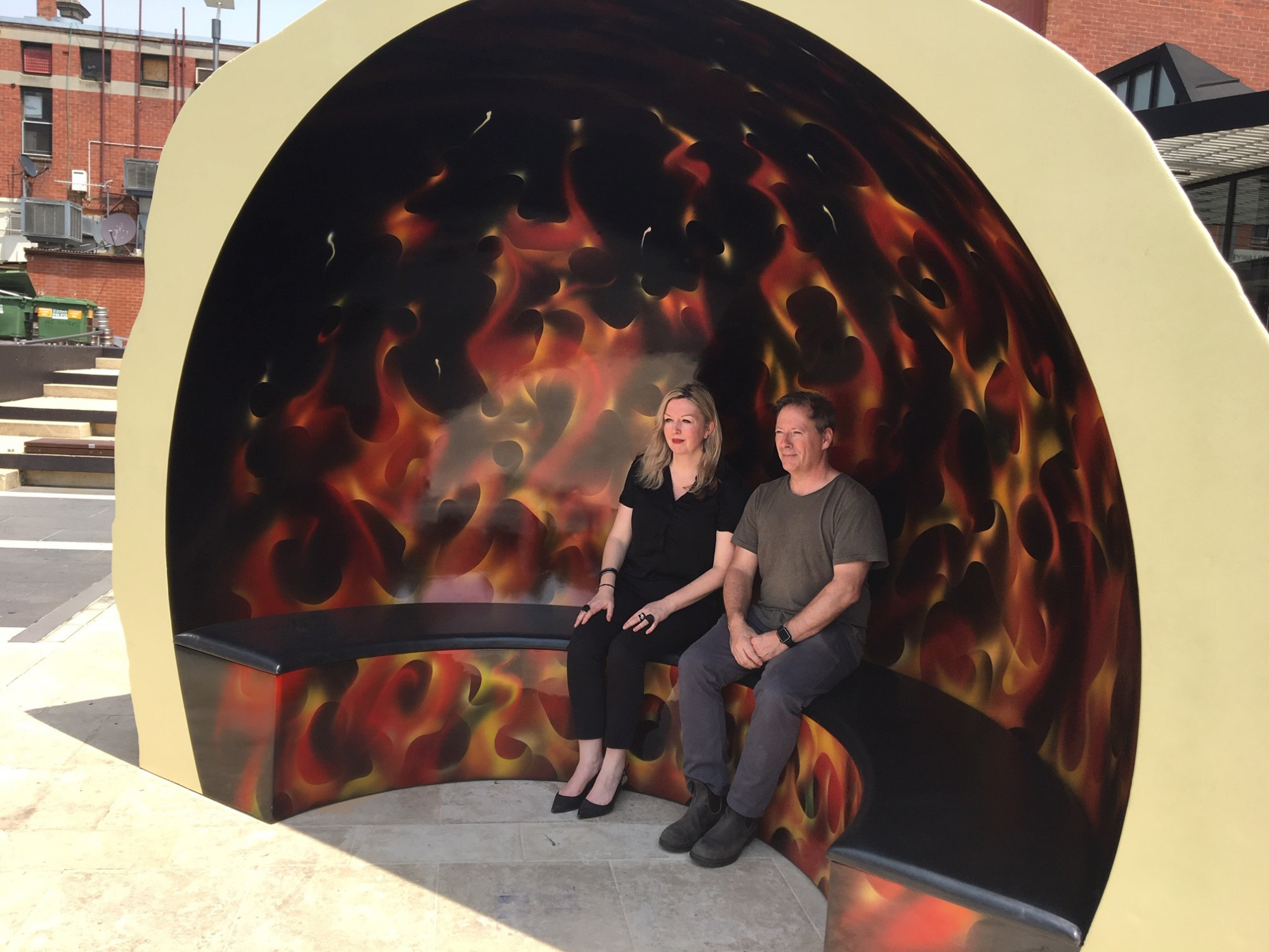 Callum Morton, <em>Monument #32: Helter Shelter</em>, 2018, with Louise Tegart (left) and Callum Morton (right), Alfred Deakin Place, Ballarat.