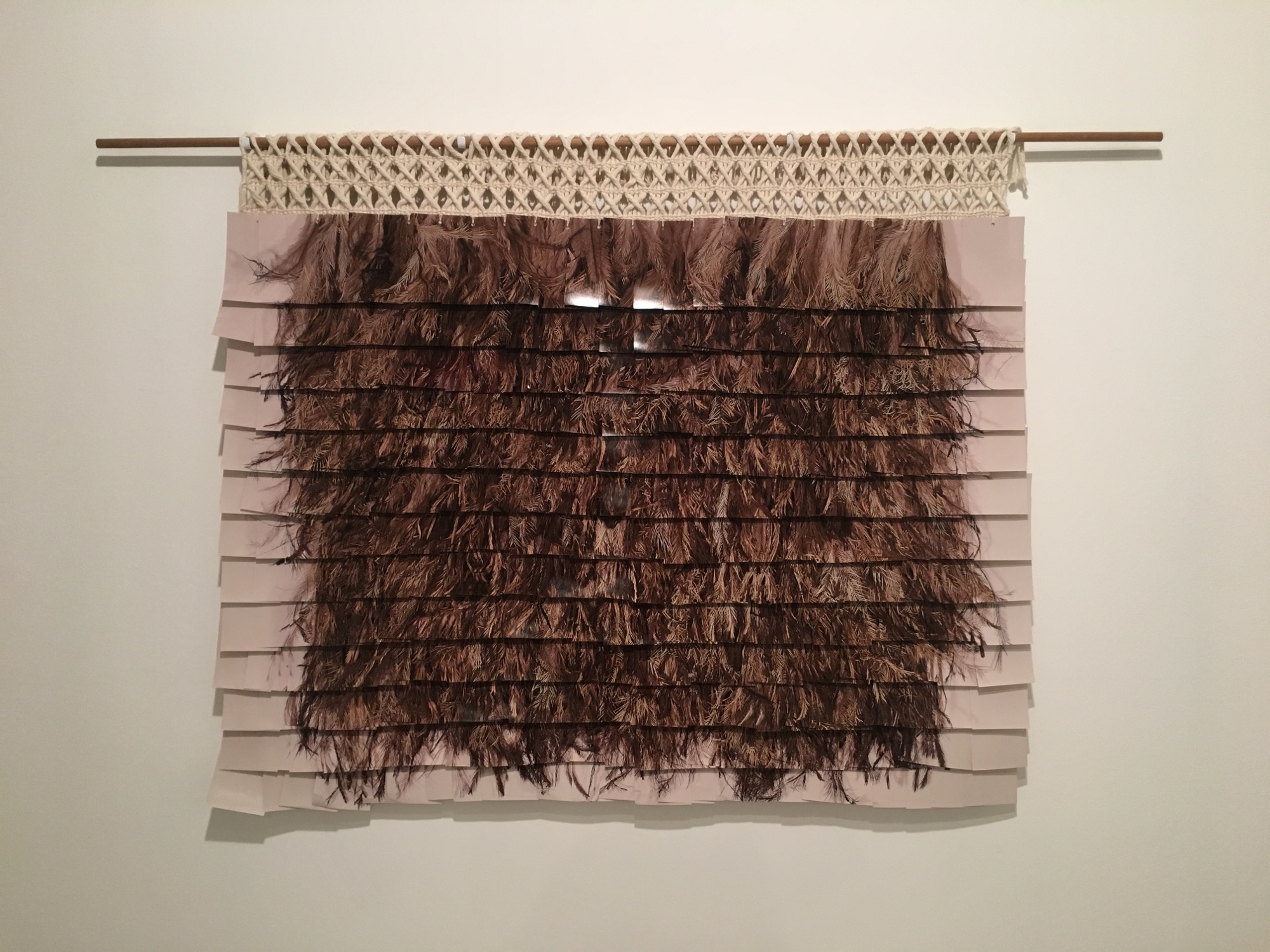 Kirsten Lyttle, <em>Gundulu/Emu Kākahu huruhuru,</em> (2018), Macramé cord (Cotton), Cotton twine, Digital prints on Fuji lustre paper. Dimensions variable 143cm (width) x 118cm (height) approx. Image Credit: Linsey Gosper.