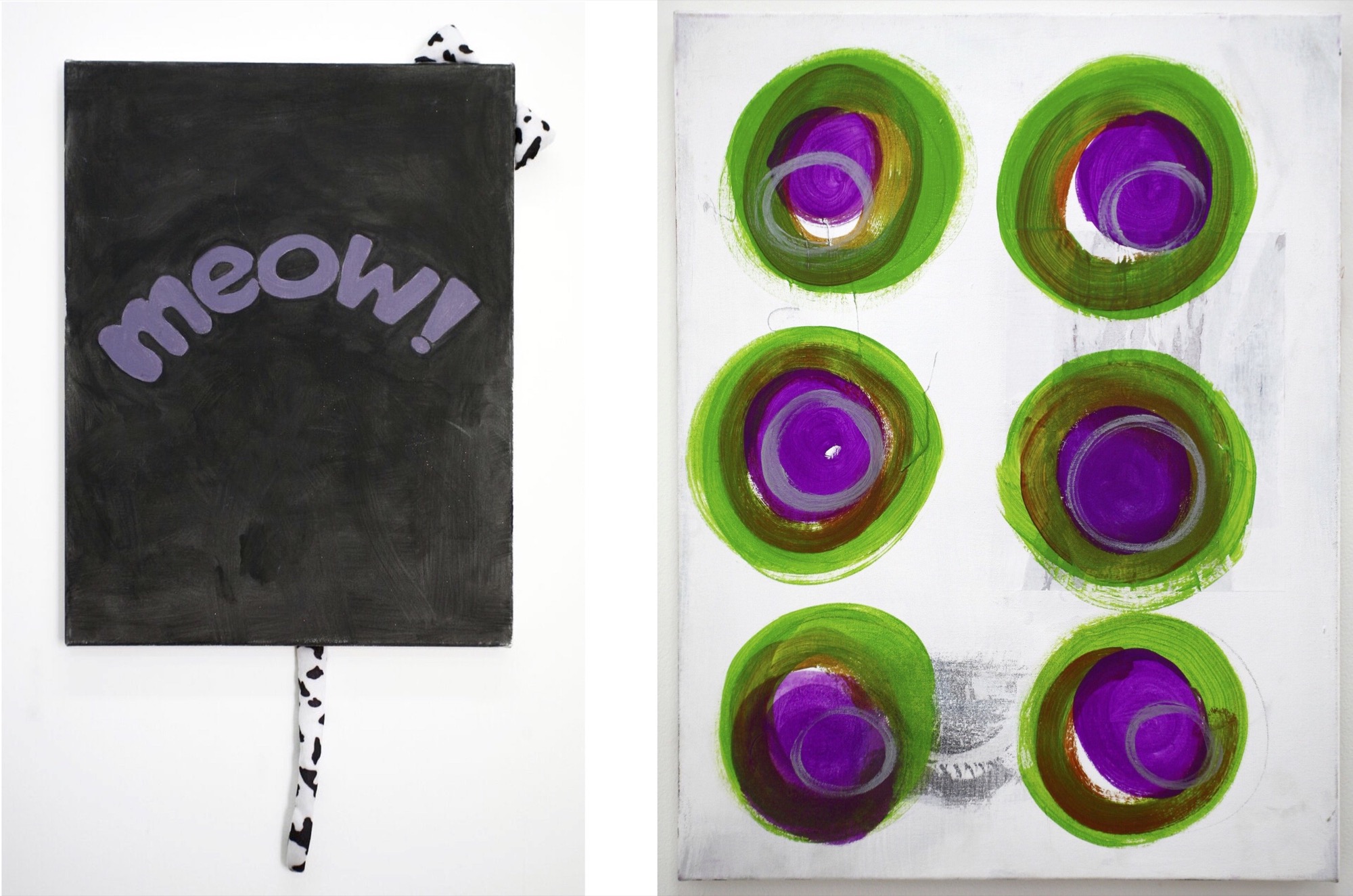 (LEFT) Hana Earles, <em>Meow</em>, 2018, acrylic on canvas and cotton stuffing. Image courtesy of Neon Parc. (RIGHT) Hana Earles, <em>Public Painting</em>, 2018, gouache on canvas. Image courtesy of Neon Parc.