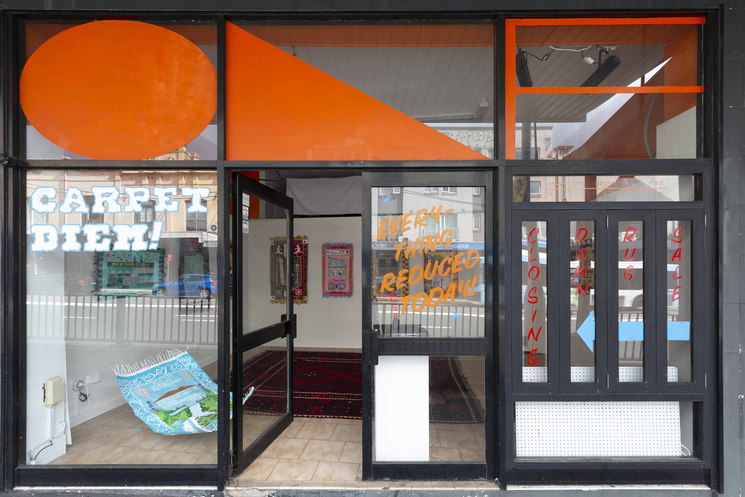 Installation view of Raquel Caballero, <em>Carpet Diem</em> at Our Neon Foe. Image courtesy of the artist. Photo: Jek Maurer.