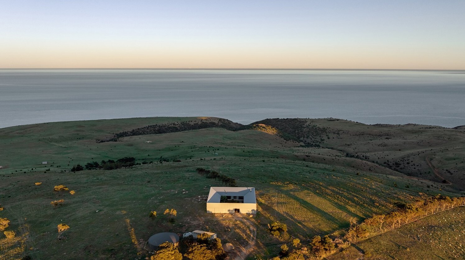 <p>Aerial view of Carrickalinga Shed, 2023, by Architects Ink and Landskap. Photo by Corey Roberts.</p>