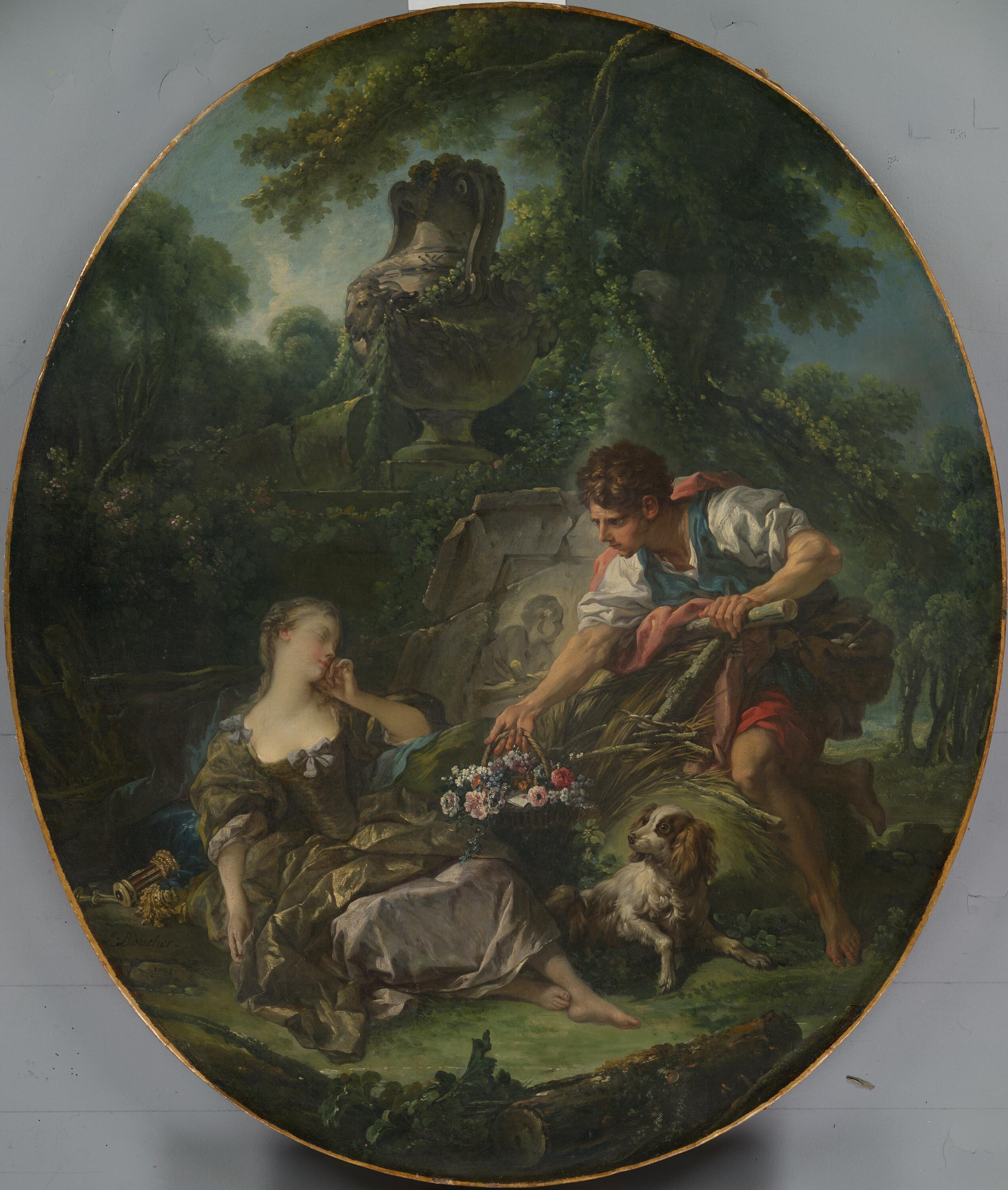 <p>François Boucher, <em>The Mysterious Basket (Le Panier Mystérieux)</em>, 1748, oil on canvas, 92.7 × 78.9 cm, National Gallery of Victoria, Melbourne. Purchased through The Art Foundation of Victoria with the assistance of Coles Myer Ltd, Fellow, Mr Henry Krongold CBE and Mrs Dinah Krongold, Founder Benefactors, and the Westpac Banking Corporation, Founder Benefactor, 1982. Photo: National Gallery of Victoria, Melbourne</p>