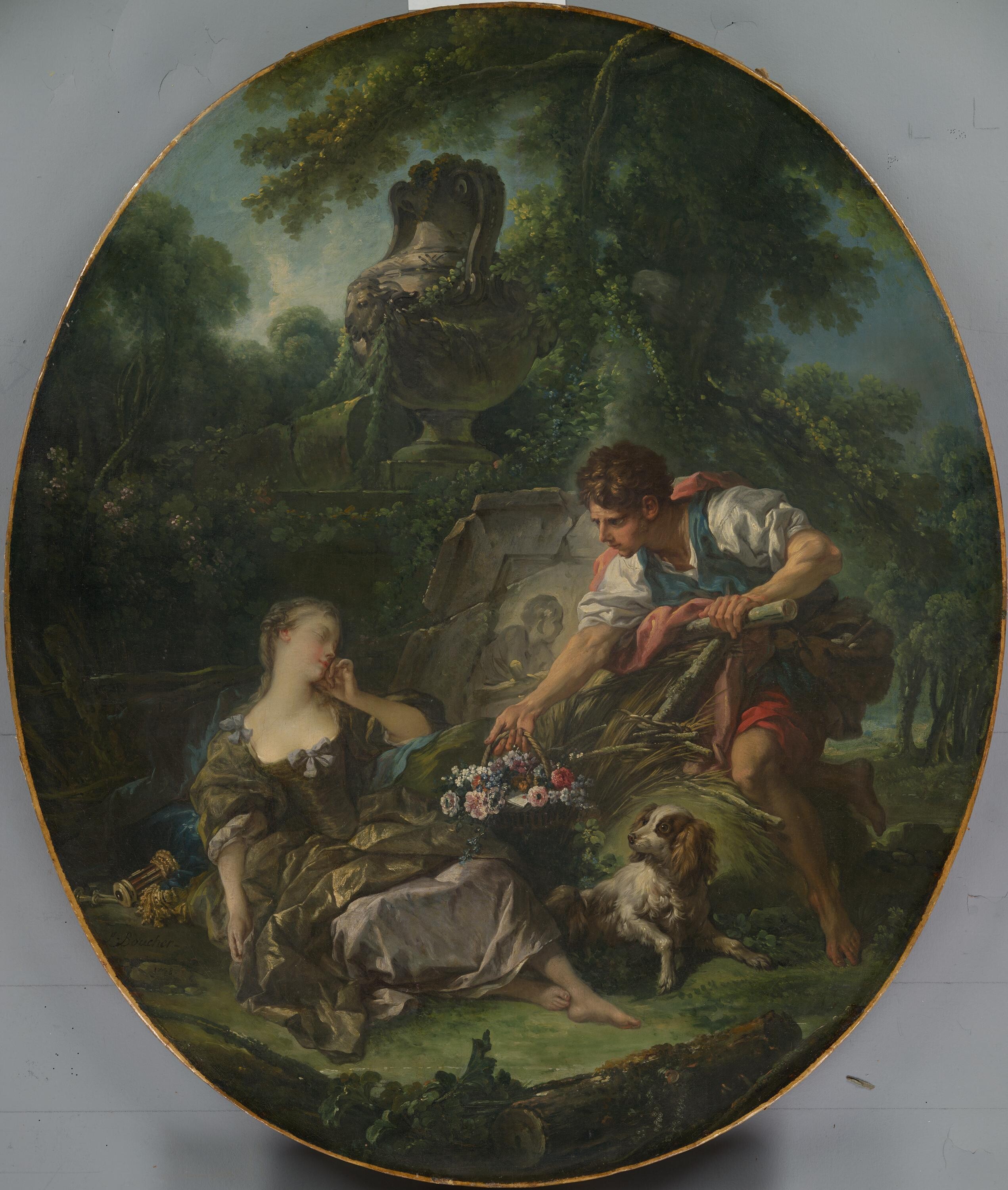 <p>François Boucher, <em>The Mysterious Basket (Le Panier Mystérieux)</em>, 1748, oil on canvas, 92.7 × 78.9 cm, National Gallery of Victoria, Melbourne. Purchased through The Art Foundation of Victoria with the assistance of Coles Myer Ltd, Fellow, Mr Henry Krongold CBE and Mrs Dinah Krongold, Founder Benefactors, and the Westpac Banking Corporation, Founder Benefactor, 1982. Photo: National Gallery of Victoria, Melbourne</p>