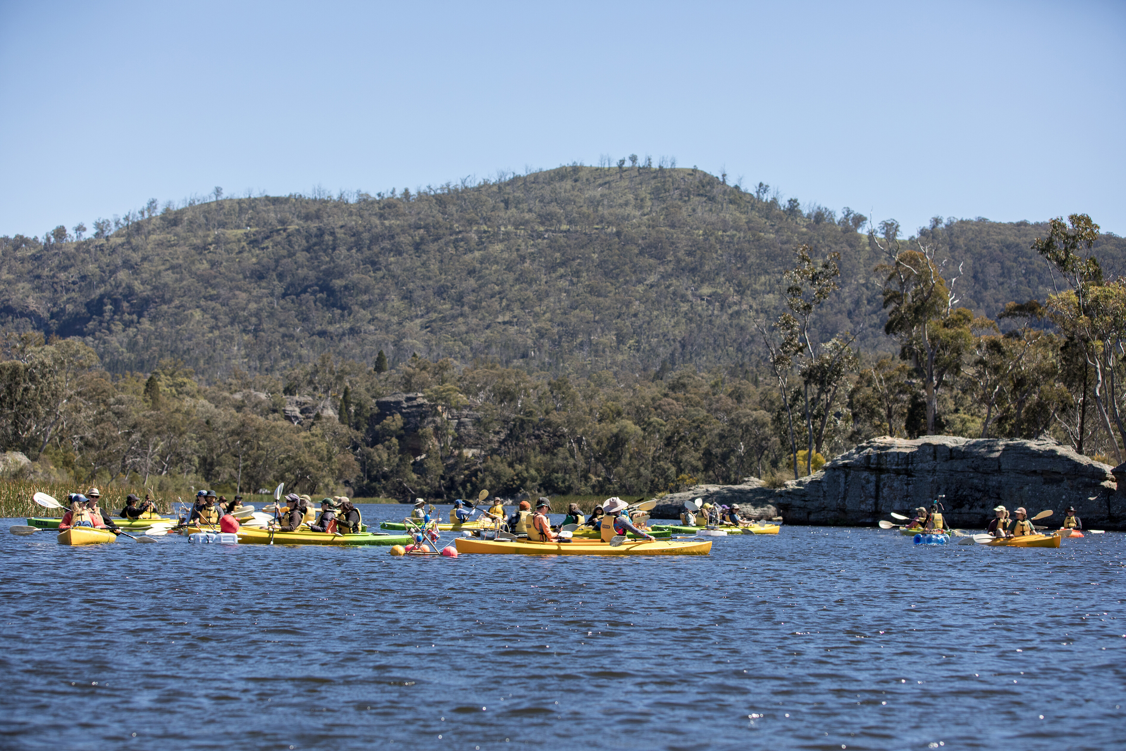 <p>Lichen Kelp and Dylan Marotell, <em>Kayak Orchestra</em>, 2026, floating percussive robotics. Gunguddy-Dunns Swamp. Photo: Ian Hobbs</p>