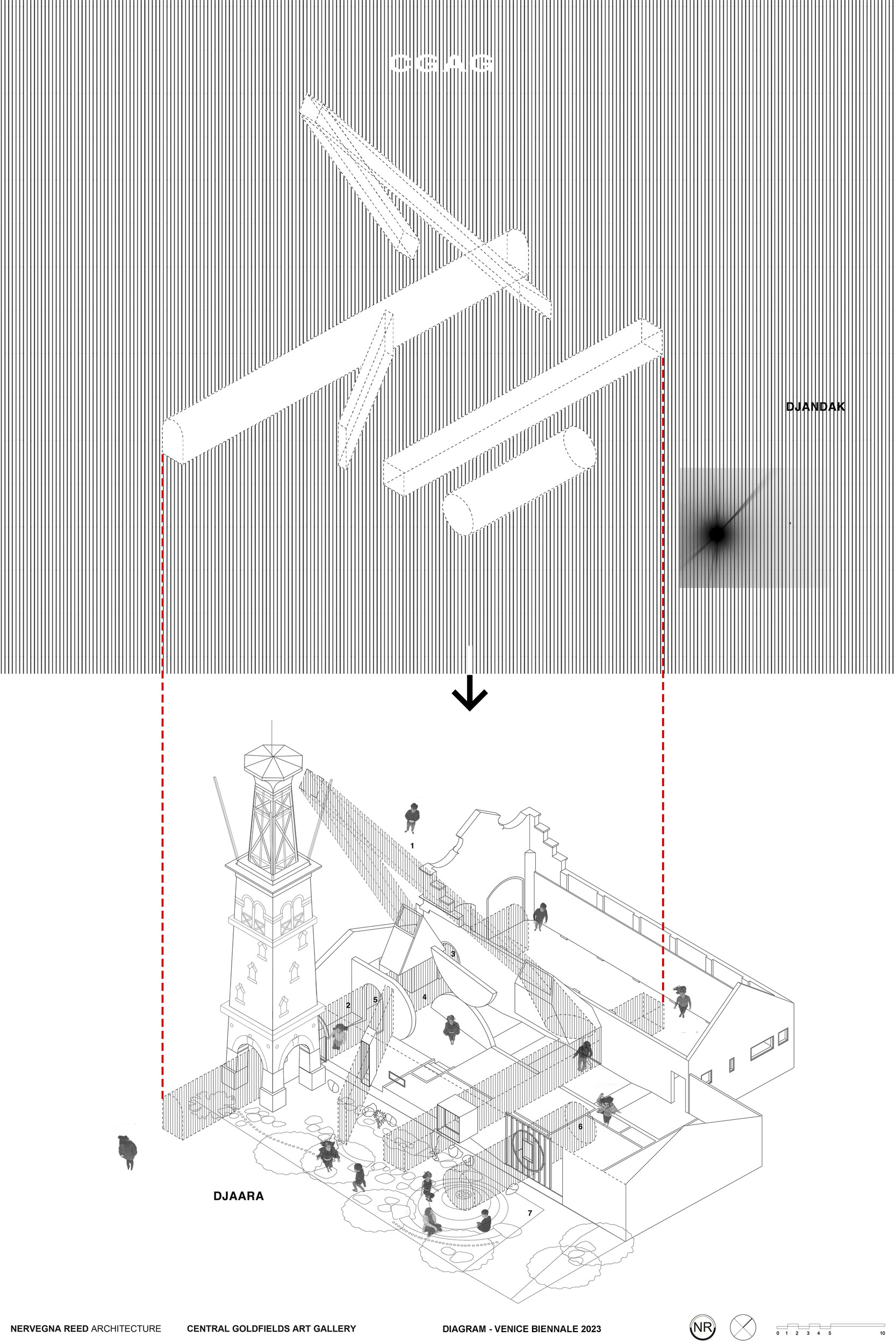 <p>Axonometric diagram tracing sightlines that pass through the historic structure, taking on lives of their own as “space objects” and “displaced geometries.” Image by Nervegna Reed.</p>