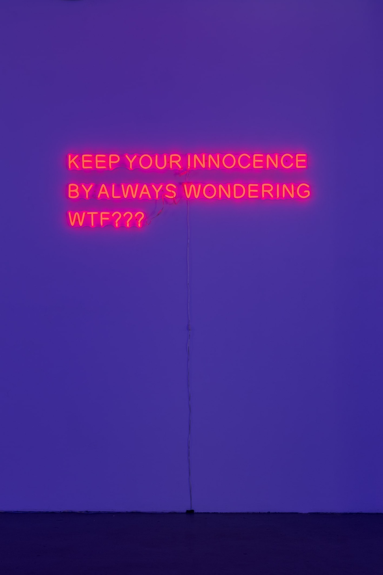 Chunxiao Qu, <em>KEEP YOUR INNOCENCE BY ALWAYS WONDERING WTF ???</em>, 2020, led neon with transparent acrylic frames, 140 x 32.3cm, edition of 5. Photo: Christo Crocker