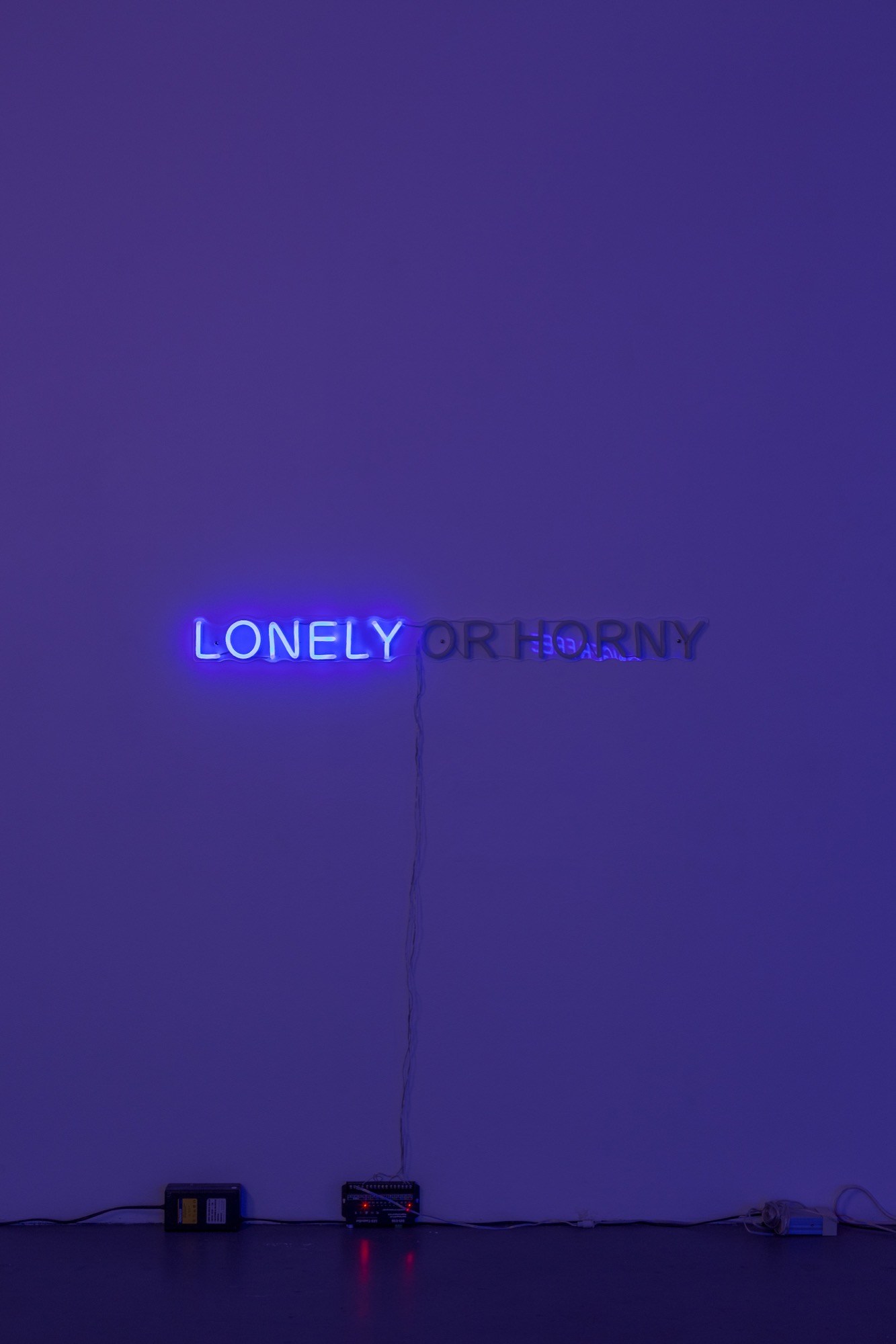Chunxiao Qu, <em>LONELY OR HORNY</em>, 2020, led neon with transparent acrylic frames, 109 x 10 cm, edition of 5. Photo: Christo Crocker
