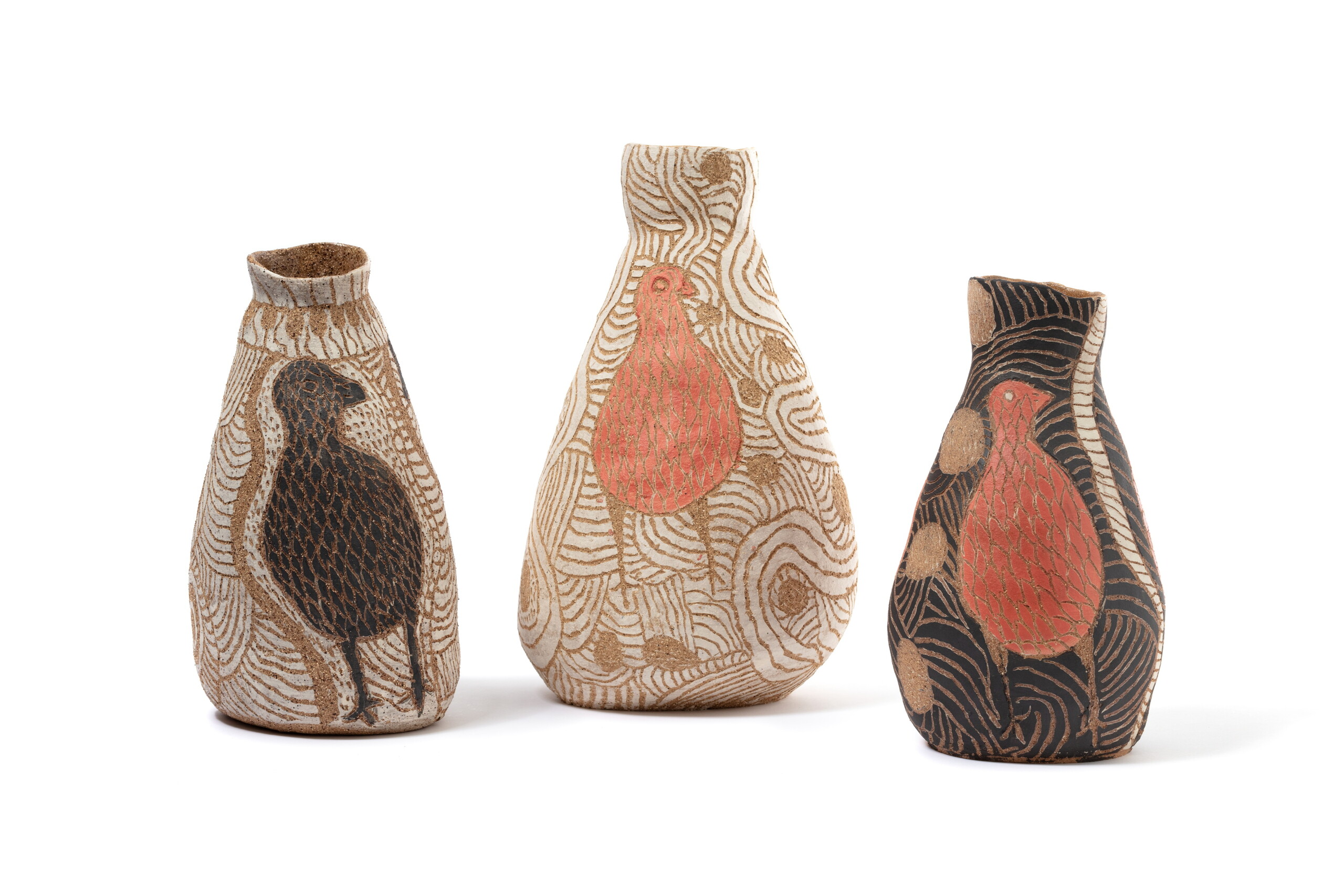 Carlene Thompson, three vases <em>Kalaya Ngura (Emu Country)</em>, stoneware with sgraffito decoration, Pukatja, APY Lands / Adelaide, South Australia, 2020. Photo: Zan Wimberley
