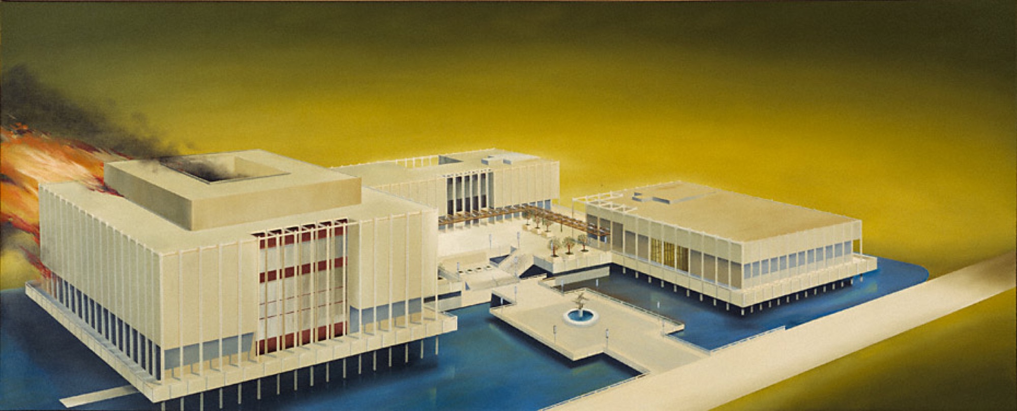 The Los Angeles County Museum on Fire, 1965–68, Ed Ruscha. Oil on canvas. 53 1/2 x 133 1/2 in. Hirshhorn Museum and Sculpture Garden, Smithsonian Institution, Washington, D.C., Gift of Joseph H. Hirshhorn, 1972. © Ed Ruscha. Photography by Lee Stalsworth