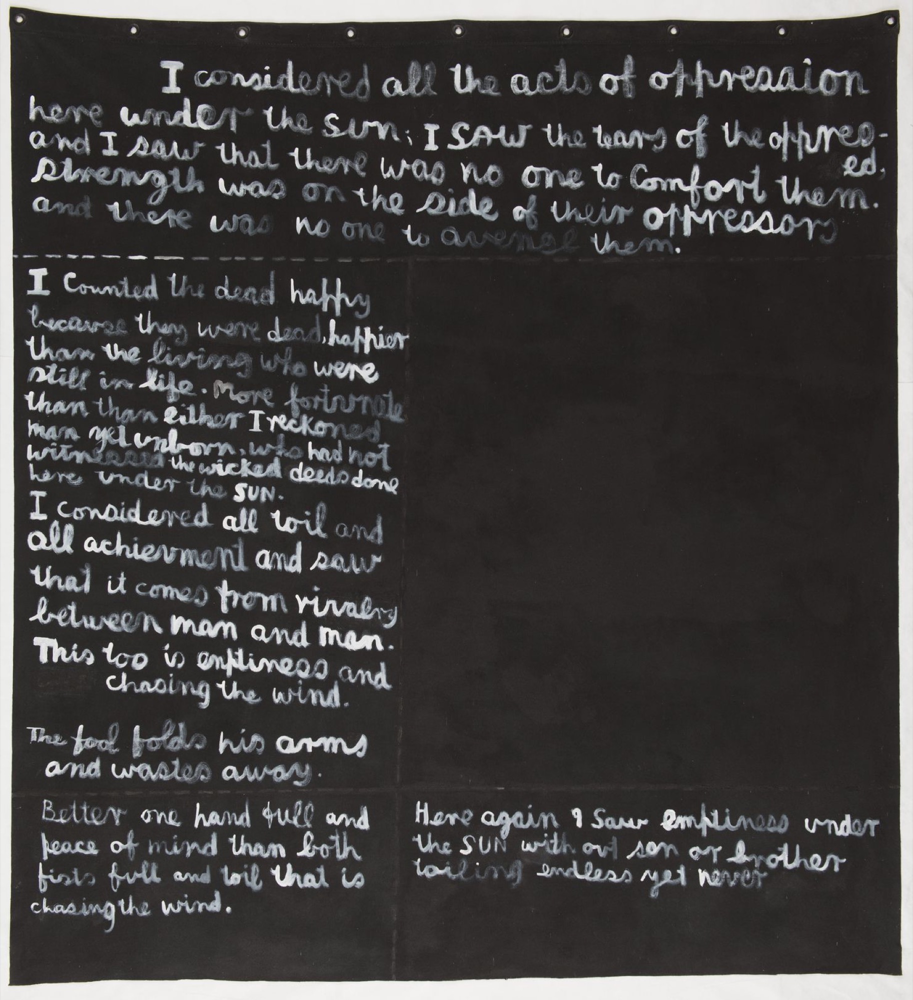 Colin McCahon, <em>I considered all the acts of oppression</em>, 1981, synthetic polymer paint on unstretched canvas, 1964 x 1810 mm. Courtesy of Dame Jenny Gibbs and McCahon Research and Publication Trust.