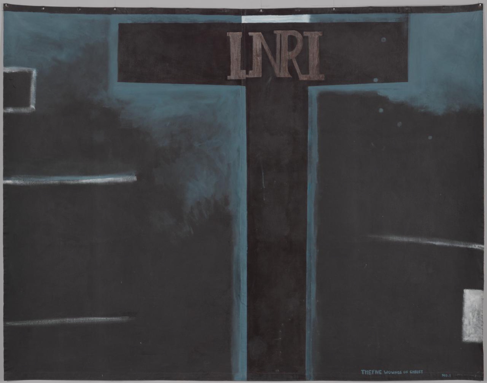 Colin McCAHON, The five wounds of Christ no. 1 1977-1978, synthetic polymer paint on canvas, 235.5 x 298.5 cm irreg., National Gallery of Victoria, Melbourne, Purchased, NGV Foundation with the assistance of Dame Jennifer Gibbs and the proceeds of the 2011 National Gallery of Victoria Annual Dinner, 2012, 2012.192, © Colin McCahon Research and Publication Trust
