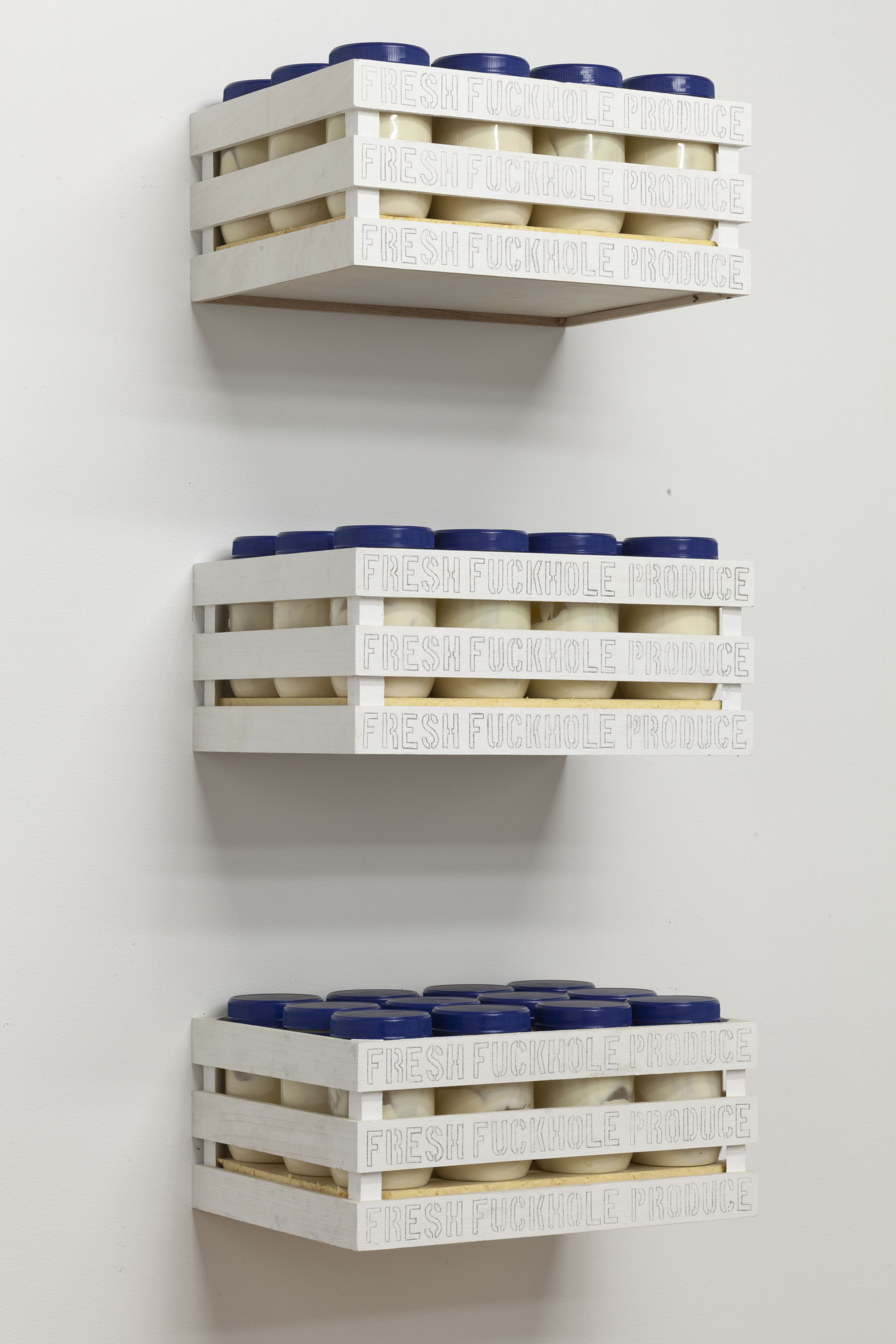 Alex Vivian, <em>Fresh Fuckhole Produce</em>, 2021, wood, mayonnaise, lead pencil, paint, foam, Guzzler, Rosanna. Photo courtesy of Guzzler.
