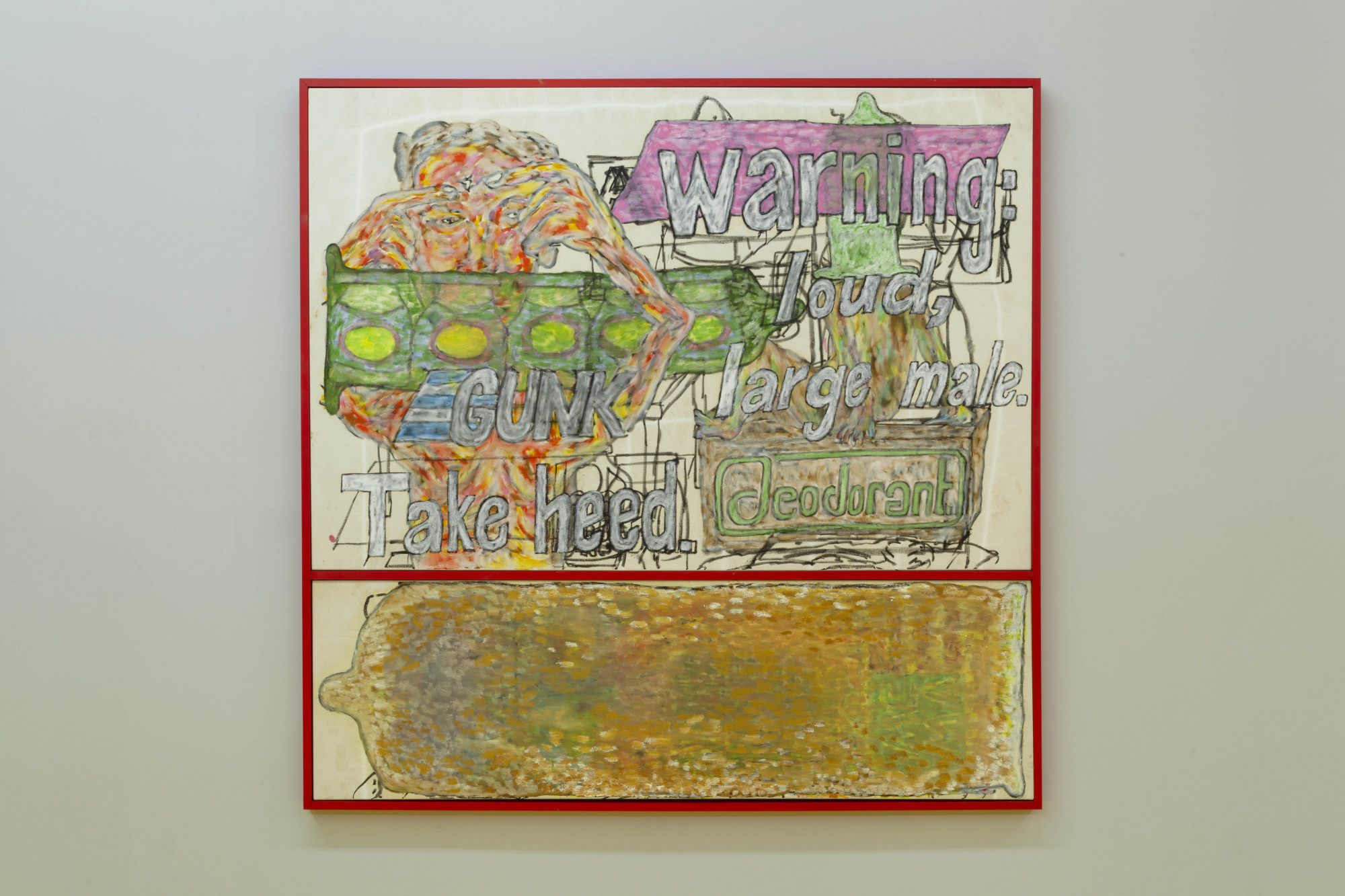 Alex Vivian, <em>Warning: loud, large male</em>, 2021, filthy bedsheets, canvas, artist’s wooden frame, oil stick, 170.5x172.5cm, Centre D’editions, Melbourne. Photo courtesy of Centre D’editions.