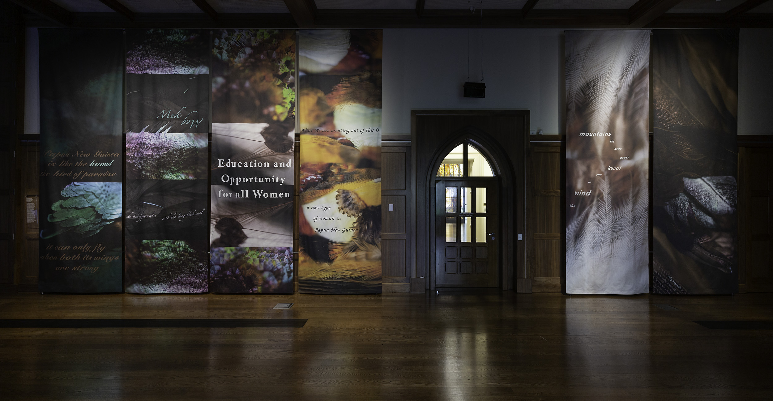 Installation view of Lisa Hilli, Birds of a Feather 2022, digital print on fabric. On display in Collective Unease at the Ian Potter Museum of Art, Old Quadrangle, University of Melbourne. Photo: Christian Capurro. Courtesy of the curators.