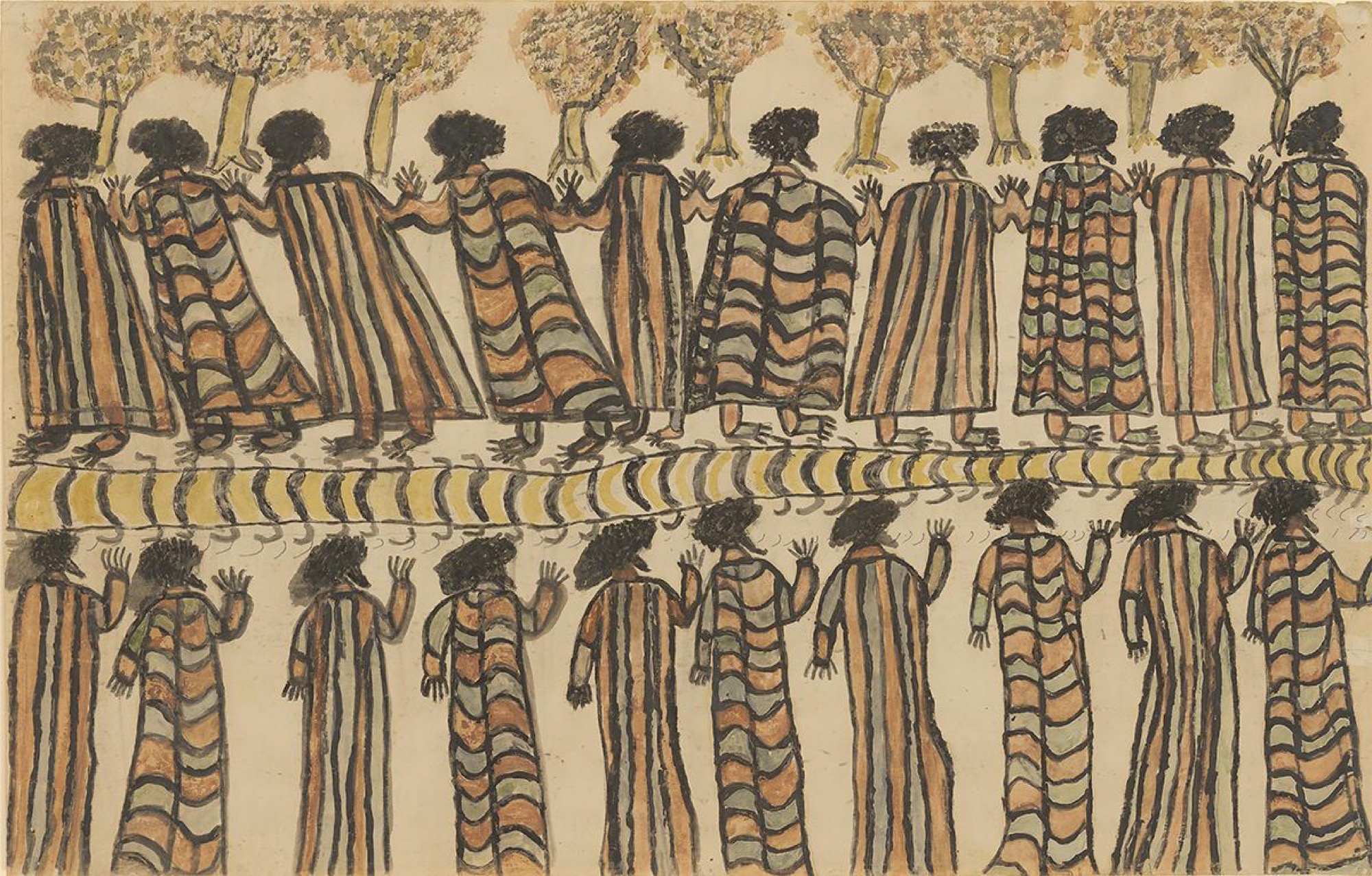 William Barak, <em>Figures in possum skin cloaks 1898</em>, pencil, wash, charcoal solution, gouache and earth pigments on paper, 57.0 x 88.8 cm (image and sheet), National Gallery of Victoria, Melbourne, Purchased, 1962, 1215A-5.