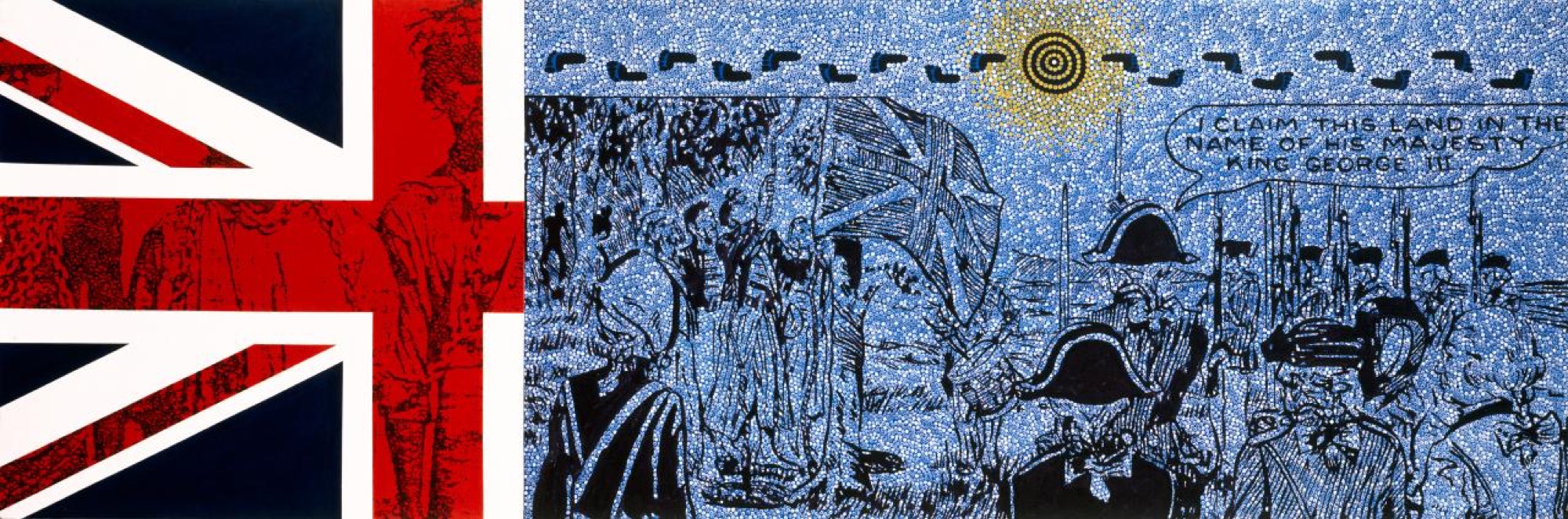 Gordon Bennett, <em>Terra nullius</em> 1989, synthetic polymer paint on canvas, 75.0 x 225.0 cm, Gold Coast City Gallery, Surfers Paradise, Purchased with funds raised by Gold Coast City Art Gallery Volunteers, 1989 (1989.43), © The Estate of Gordon Bennett.