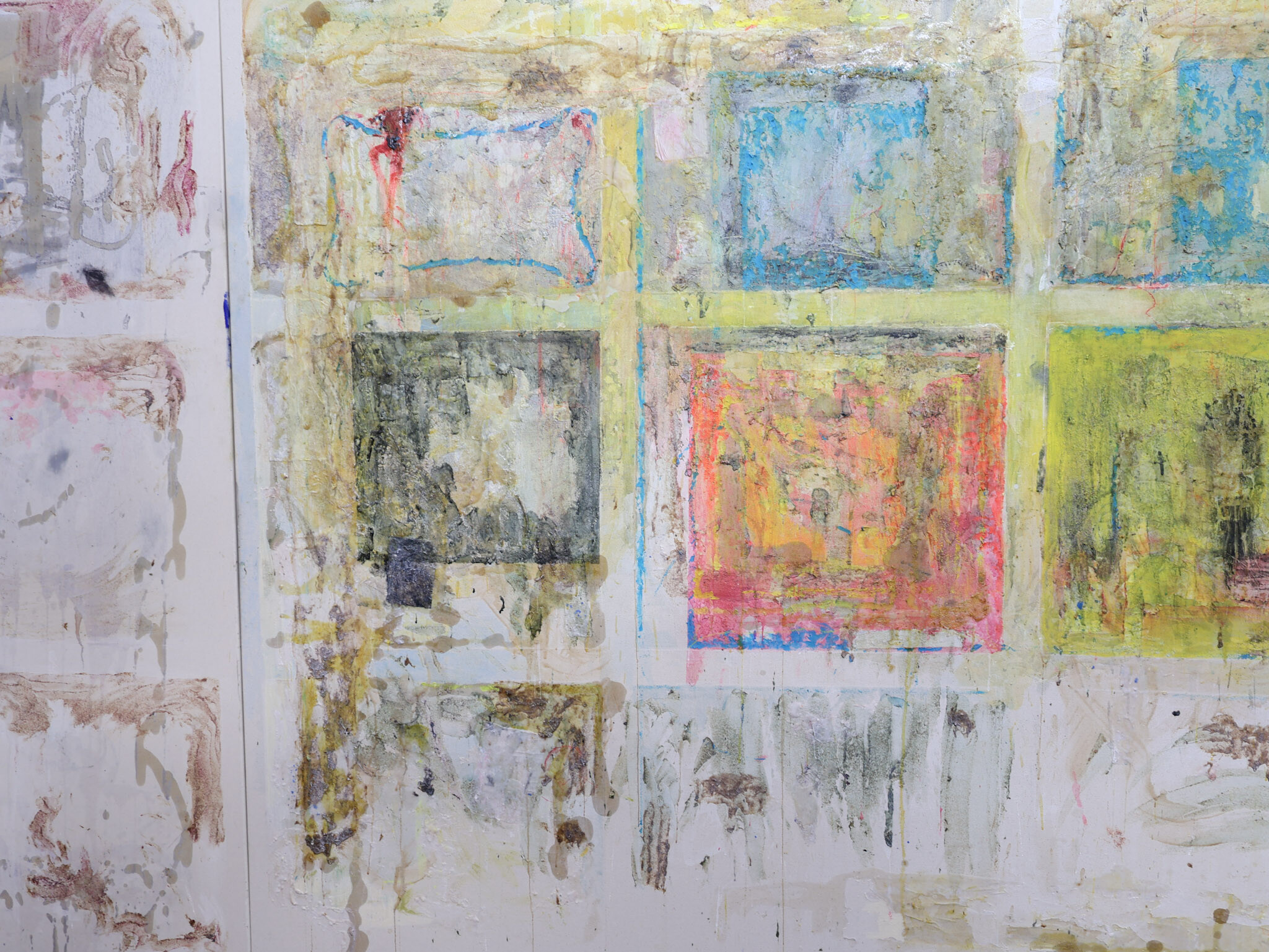 <p>Detail of Caesar Florence-Howard, <em>Untitled</em>, 2025, acrylic, oil, pen, varnish, pencil, breadstick paper, pastel, moisturiser, flour, sand, enamel, wax on canvas, glue, 200 x 370cm, Connors Connors Gallery, Photo: Mia Davidson.</p>