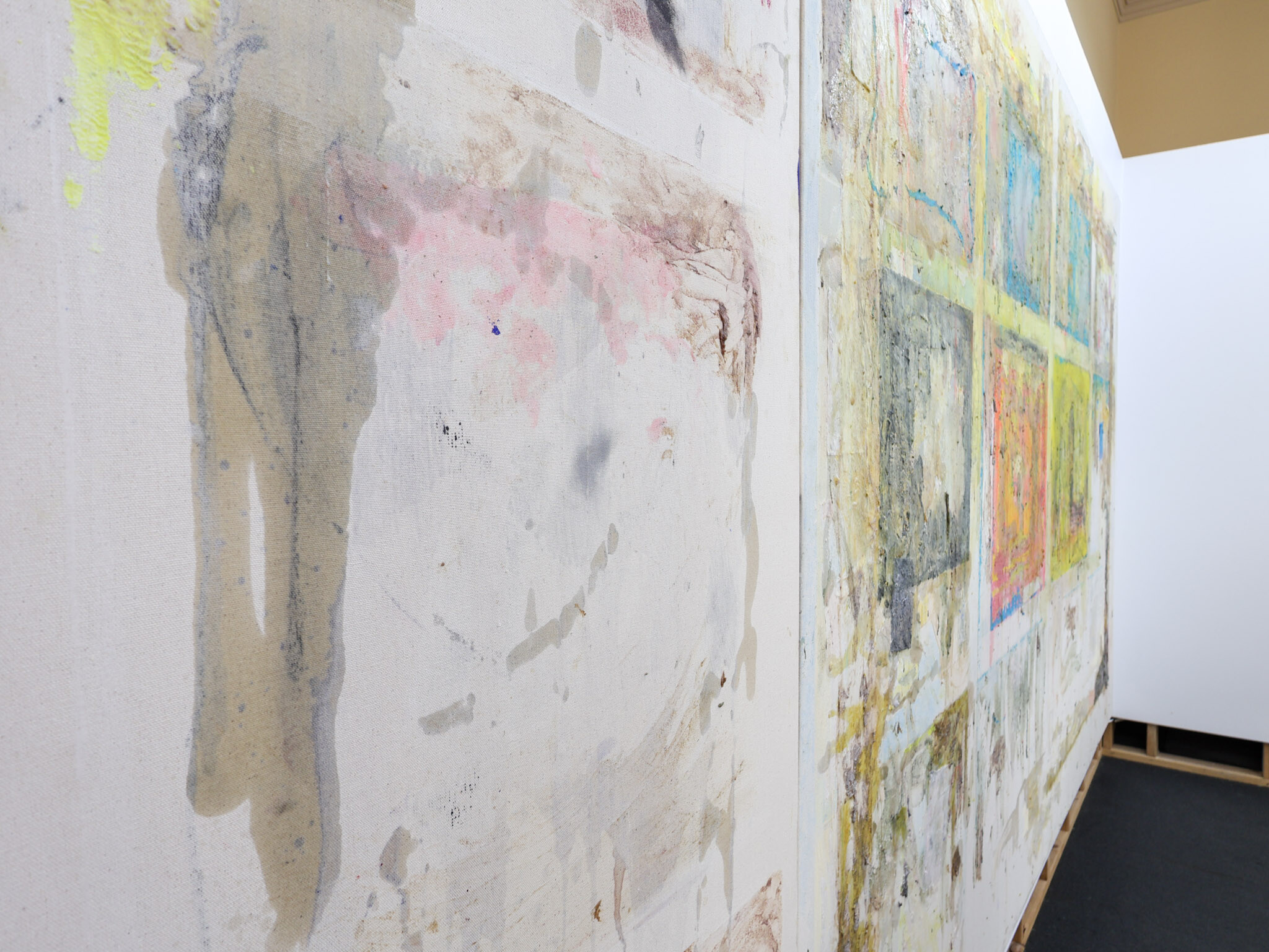 <p>Detail of Caesar Florence-Howard, <em>Untitled</em>, 2025, acrylic, oil, pen, varnish, pencil, breadstick paper, pastel, moisturiser, flour, sand, enamel, wax on canvas, glue, 200 x 370cm, Connors Connors Gallery, Photo: Mia Davidson.</p>