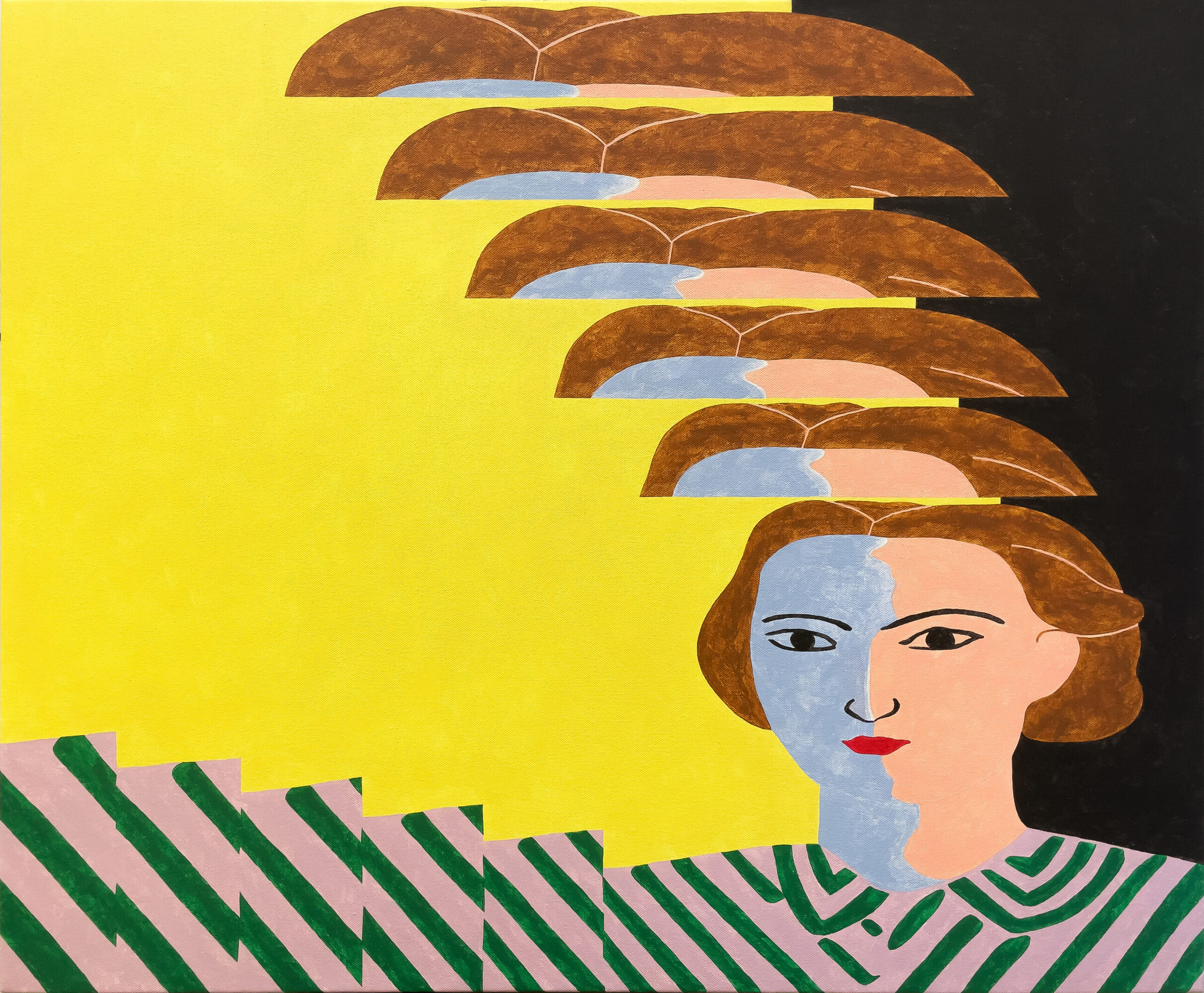 Alasdair McLuckie, <em>Portrait with pink and blue face/The employment of means for the attainment of ends</em>, 2022, acrylic on canvas.