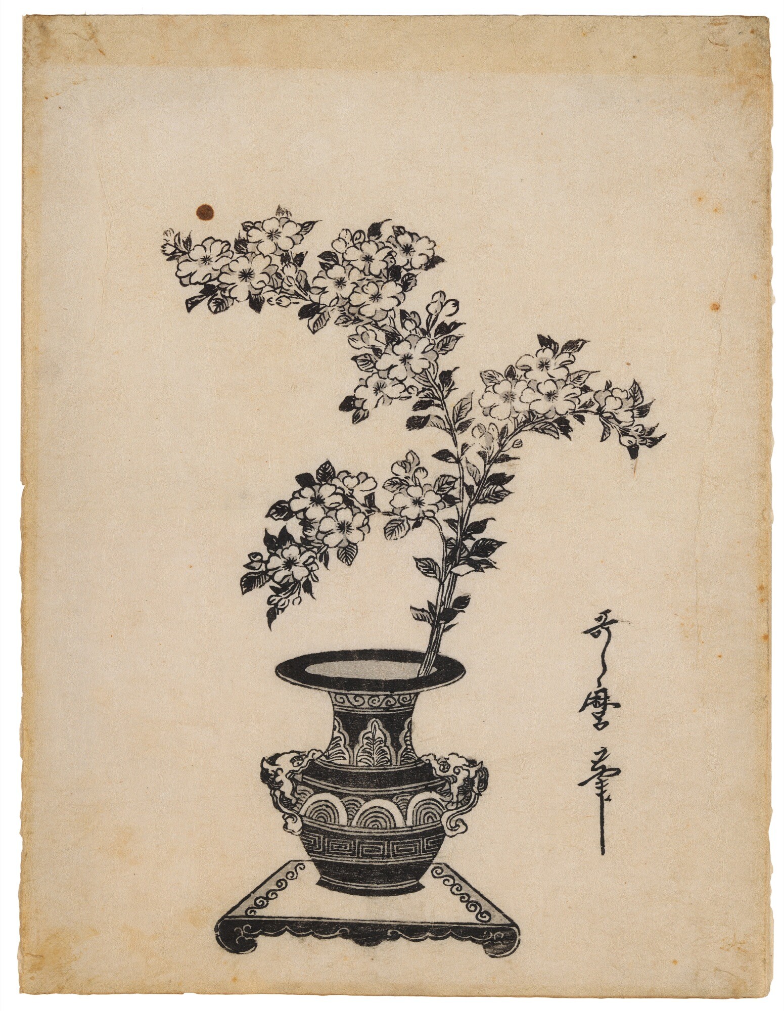 <p>Kitagawa Utamaro, <em>Cherry blossom in a two-handled bronze vase</em> c. 1800–05. Woodblock print on paper. Queensland Art Gallery | Gallery of Modern Art. Gift of Edmund Vardy 2001.</p>