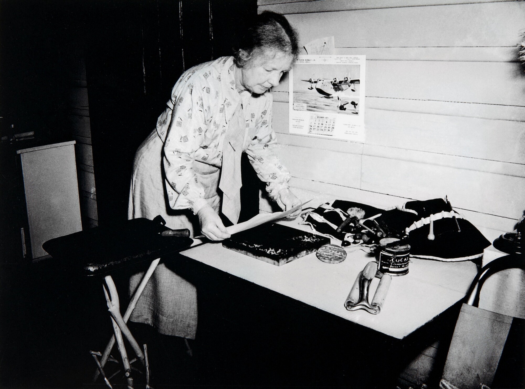 <p>FJ Halmarick, <em>Margaret Preston woodblock printing in Berowra</em>, c1937. Copy print of a gelatin silver photograph. Margaret Preston archive, gift of William Preston 1963. National Art Archive, Art Gallery of New South Wales, Image © Art Gallery of New South Wales.</p>