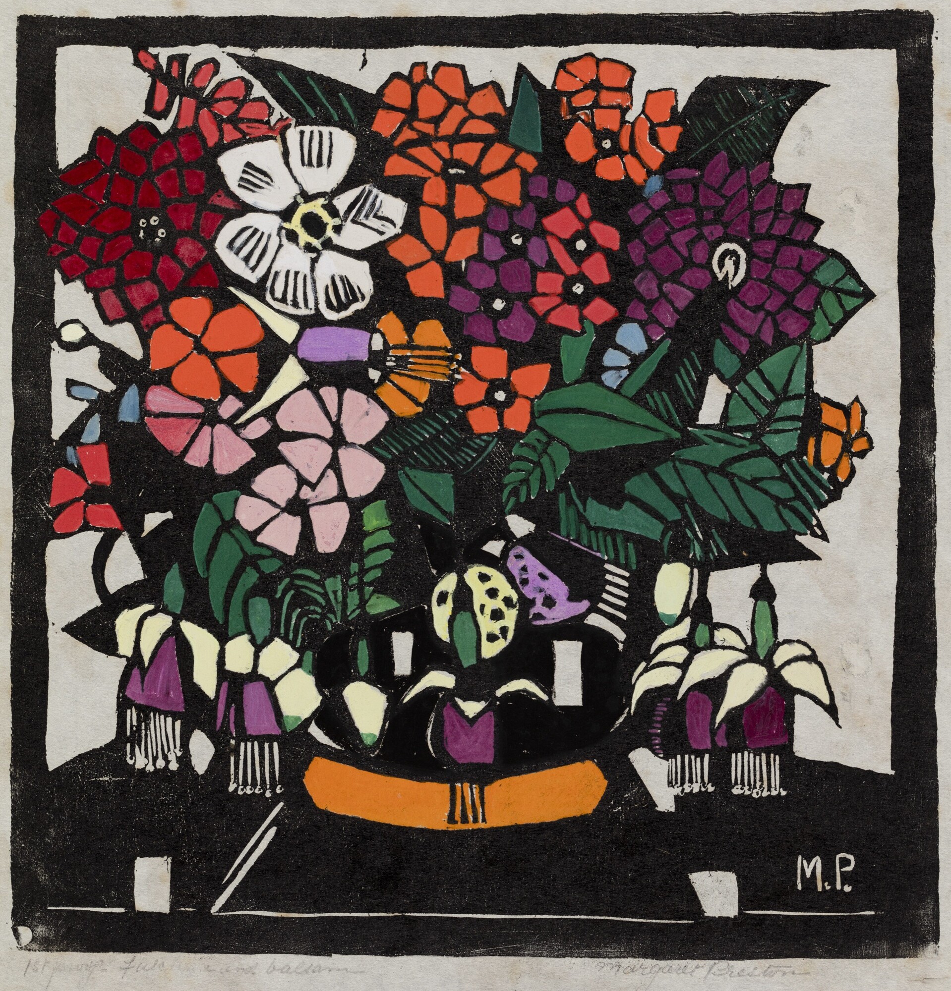 <p>Margaret Preston, <em>Fuchsia and balsam</em>, 1928. Hand-coloured woodcut. Geelong Gallery. Purchased 1982, © Margaret Preston/Copyright Agency.</p>