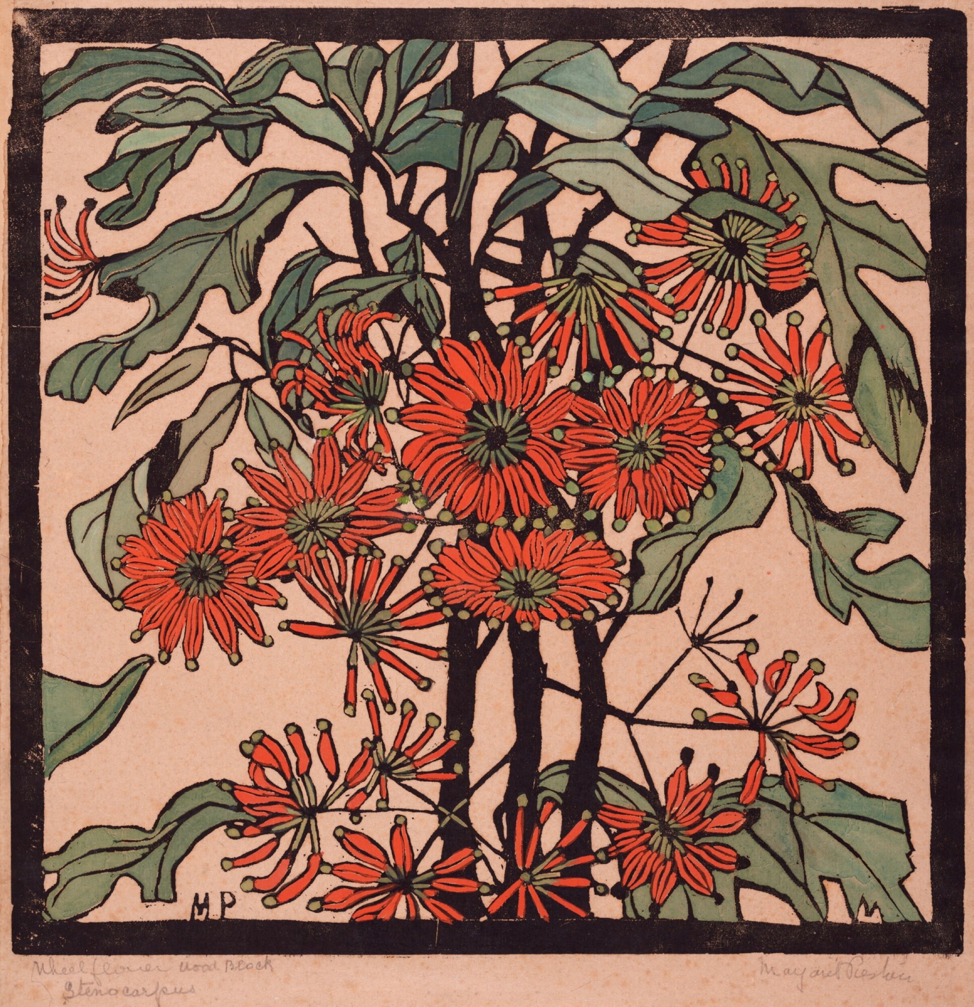 <p>Margaret Preston, <em>Wheel Flower</em>, c. 1929. Woodcut, black ink hand coloured with gouache on buff laid, Japanese paper, Art Gallery of New South Wales, Bequest of WG Preston, the artist’s widower 1977.</p>