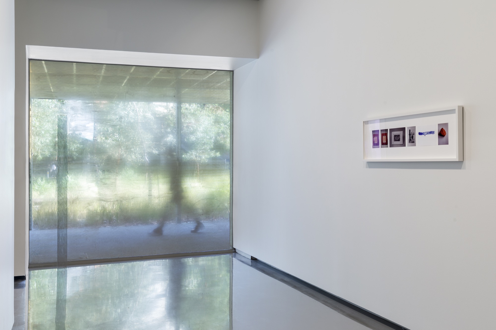Dale Harding, <em>Acacia gum on glass</em> 2021 and <em>To appropriation, solidarity &amp; dialogues</em> 2017. Installation view, <em>Dale Harding: Through a lens of visitation</em>, Monash University Museum of Art, Melbourne, 2021. Photo: Andrew Curtis. Image courtesy of the artist and Milani Gallery, Brisbane.