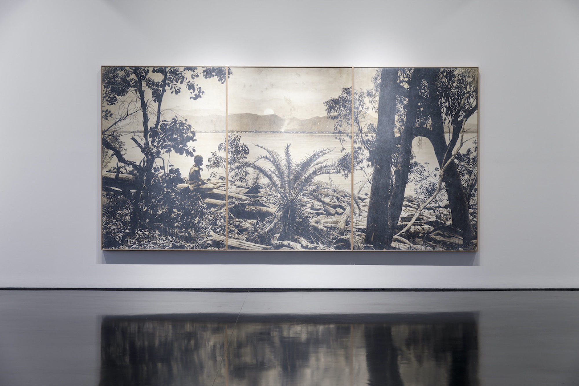Danie Mellor, <em>On the edge of darkness (the sun also sets)</em>, 2020. Acrylic with gesso and iridescent wash on board. Three panels, overall 181.5 x 371.5 cm, framed. Courtesy Tolarno Galleries. Image: Andrew Curtis.