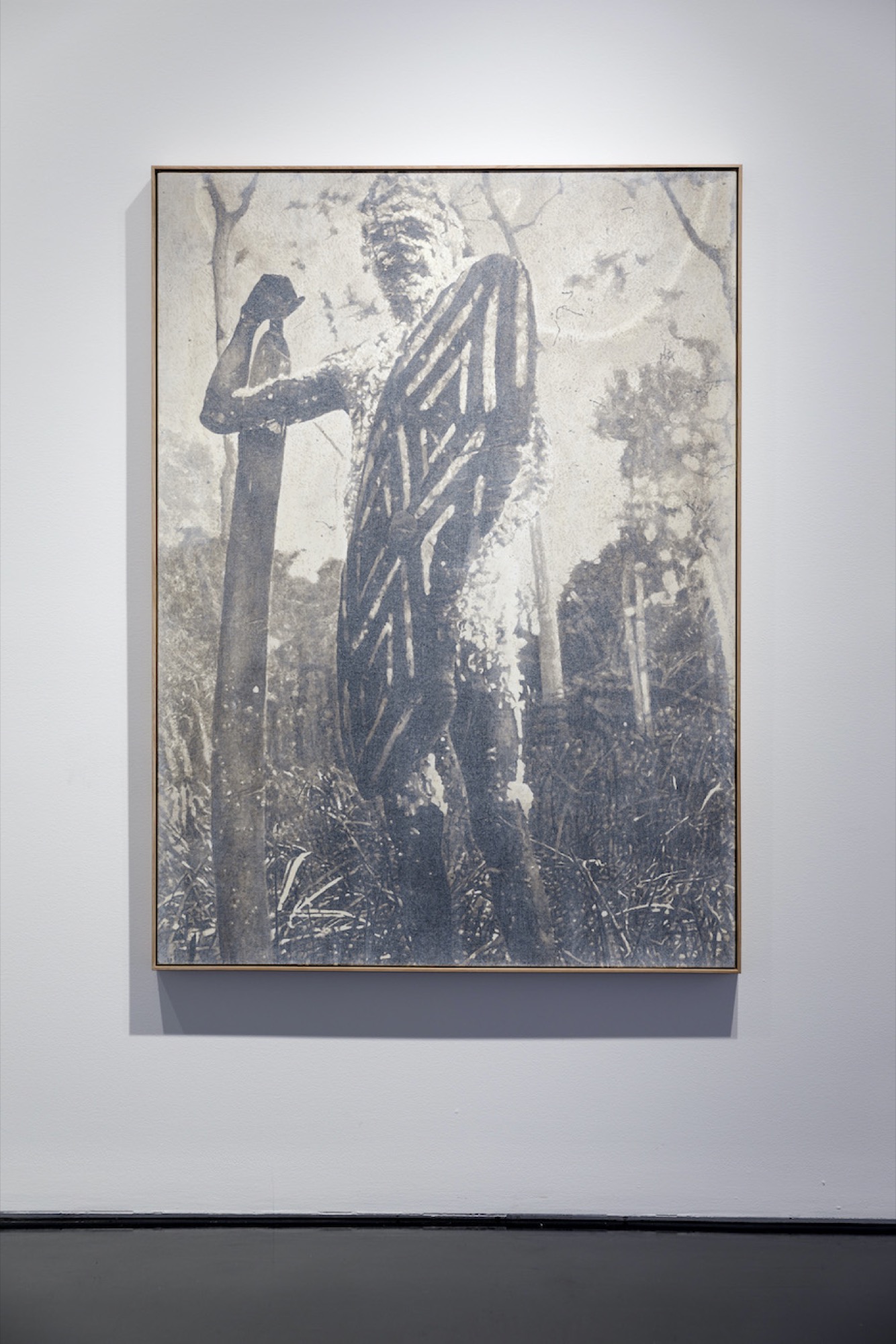 Danie Mellor, <em>A Question of Being</em>, 2020. Acrylic and oil on linen with gesso and iridescent wash, 157.5 x 115 cm, framed. Courtesy Tolarno Galleries. Image: Andrew Curtis.