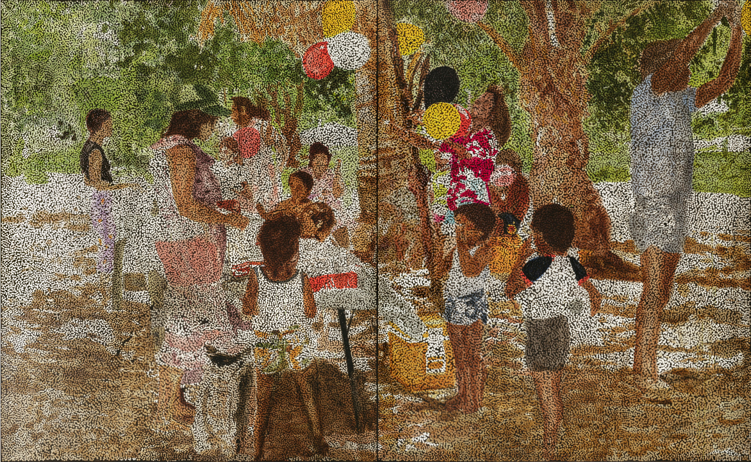 Daniel Boyd, <em>Untitled (TBOMB)</em>, 2020, oil, synthetic polymer paint and archival glue on canvas, 245 x 396 cm; 2 panels (overall), Art Gallery of South Australia, Adelaide, James and Diana Ramsay Fund 2020, 2020P3(a&b). © Daniel Boyd