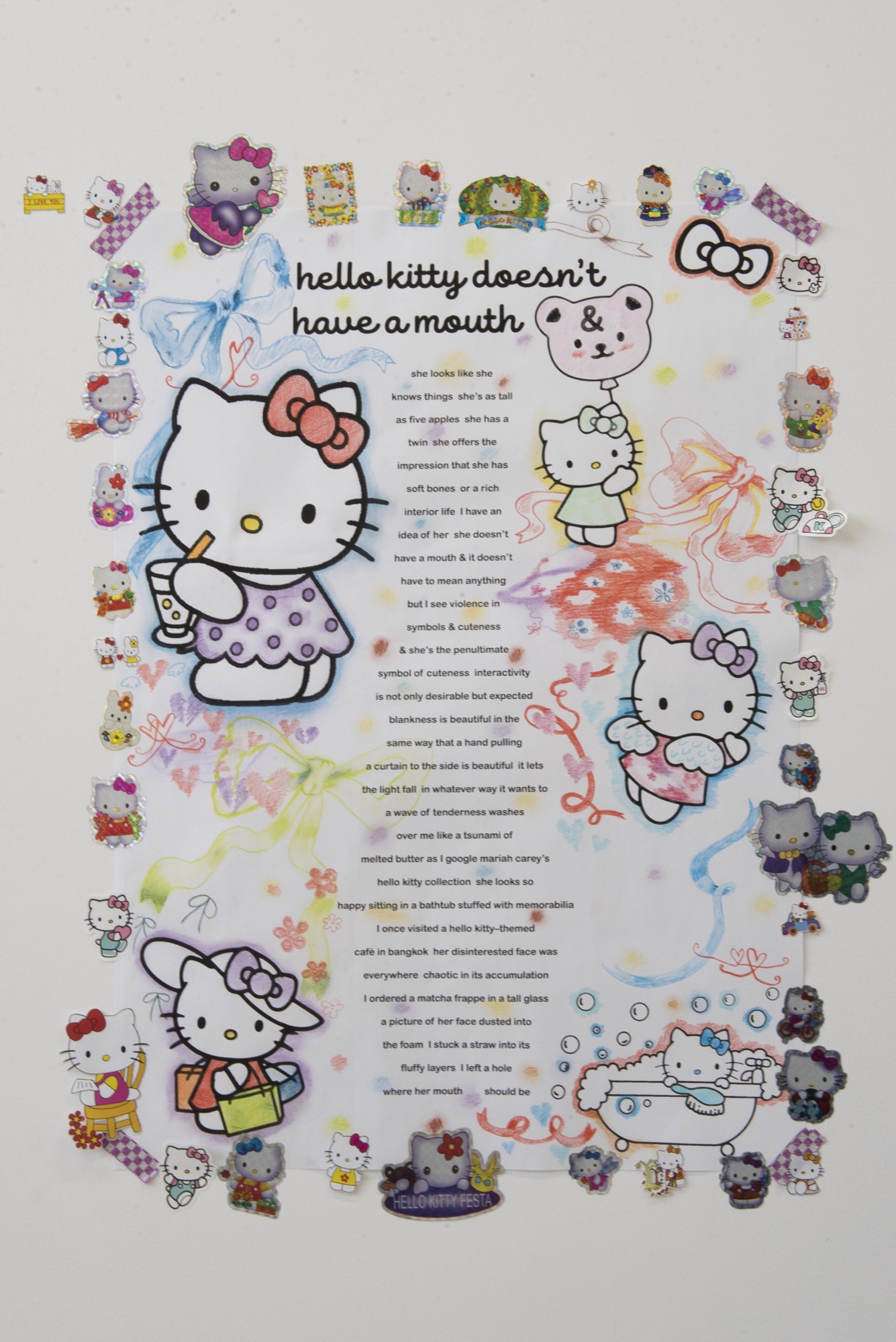 Jemi Gale and Panda Wong, <em>hello kitty doesn’t have a mouth</em>, 2021, inkjet print and pencil on paper, stickers, tape, dimensions variable, TCB Art Inc. Photo: Jordan Halsall